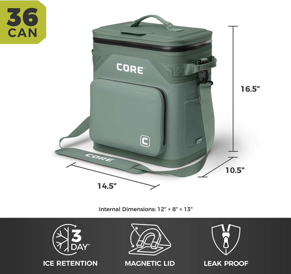 CORE Magnetic Leak Proof Soft Cooler with Waterproof Zipper | Insulated Bag Portable Ice Chest Box | Best Soft Cooler for Food & Beverages for Tailgating, Car Camping, Travel, and Family Beach Picnics