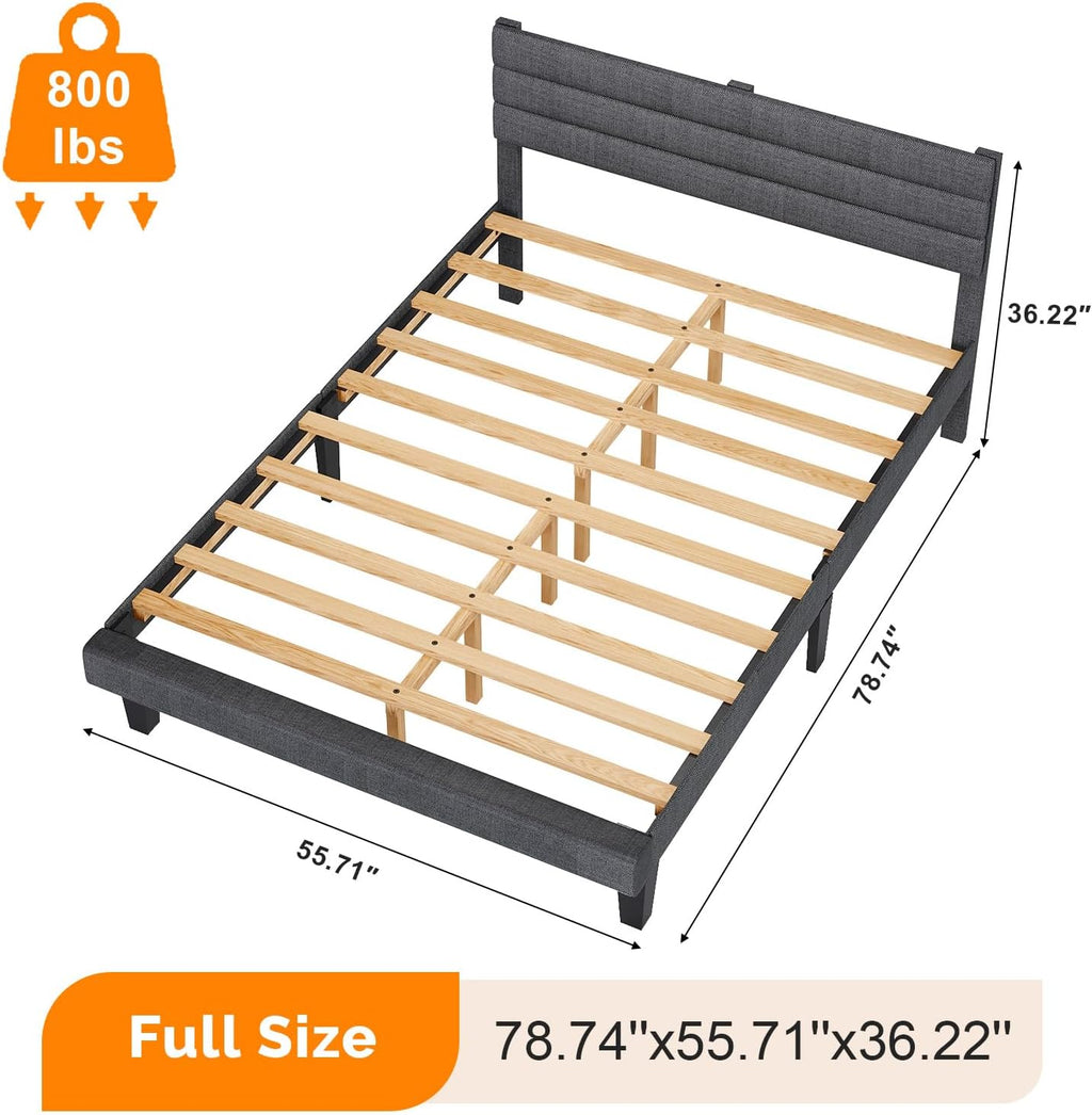 VINGLI Full Bed Frame with Headboard,Upholstered Platform Bed with Adjustable Headboard,Heavy Duty Slats Support,Mid Century Modern,Noise Free, No Box Spring Needed, Dark Gray