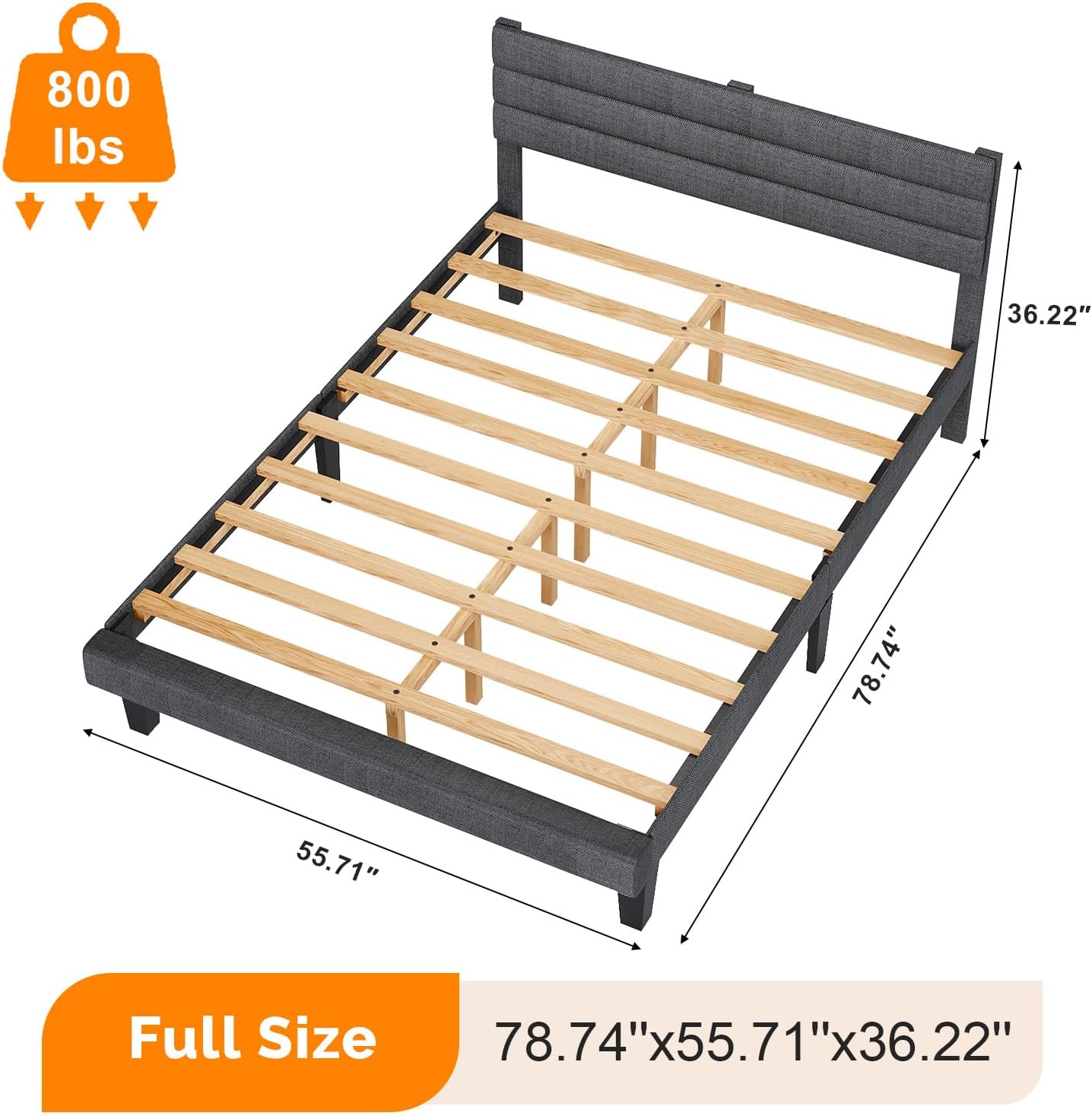 VINGLI Full Bed Frame with Headboard,Upholstered Platform Bed with Adjustable Headboard,Heavy Duty Slats Support,Mid Century Modern,Noise Free, No Box Spring Needed, Dark Gray