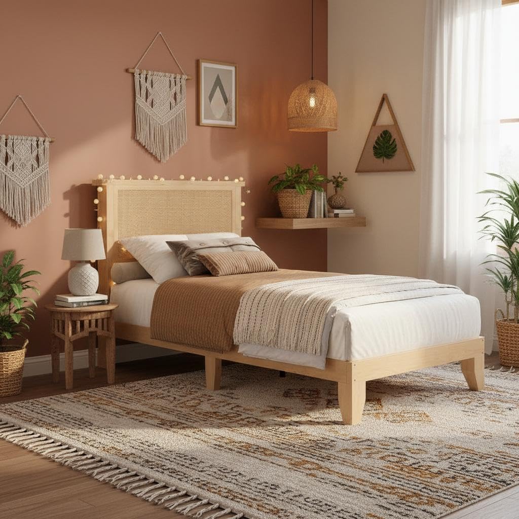 coucheta Rattan Bed Frame Twin with Natural Rattan Headboard,Twin Bed Frame with LED Lights, Bed with Headboard,Solid Wood Bed Legs with Silent Slats,No Box Spring Needed