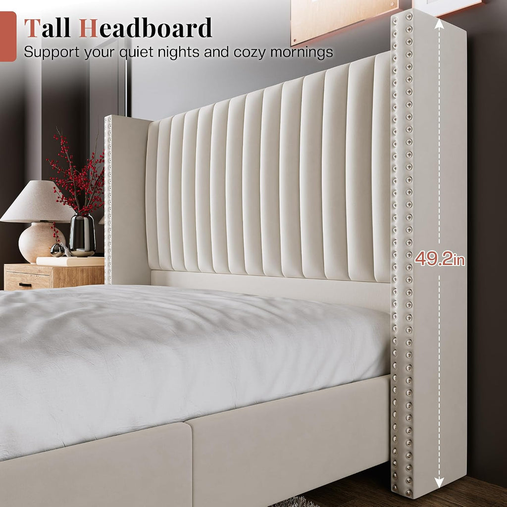 Jocisland Queen Size Upholstered Platform Bed Frame with Tall Wingback Headboard, Velvet Modern Luxury Design, No Box Spring Needed, Easy Assembly, Cream