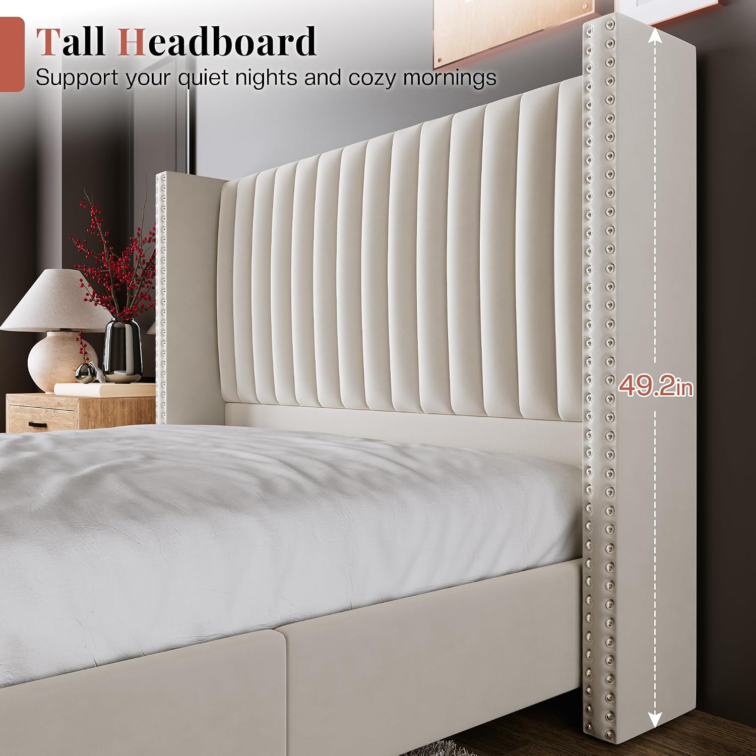 Jocisland Queen Size Upholstered Platform Bed Frame with Tall Wingback Headboard, Velvet Modern Luxury Design, No Box Spring Needed, Easy Assembly, Cream