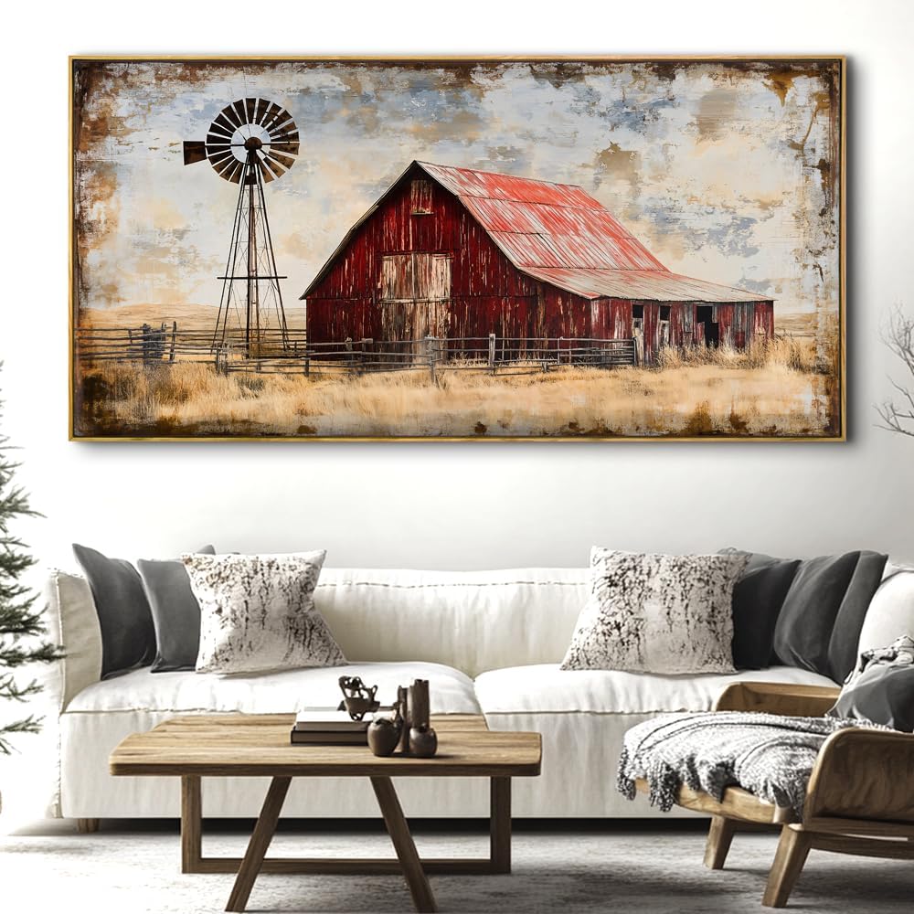 Abstract Farm Landscape Wall Art - Large Framed Canvas Painting for Living Room, Bedroom, Modern Artwork Decor - 60x30 Inch Ready-to-Hang