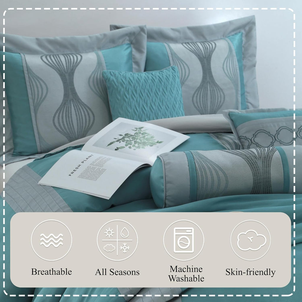 Stratford Park 7 Piece Blue Comforter Set, King Size Jacquard Bedding Set, All Season Geometric Patchwork Bedding Set, Matching Pillows, Shams, Bed Skirt