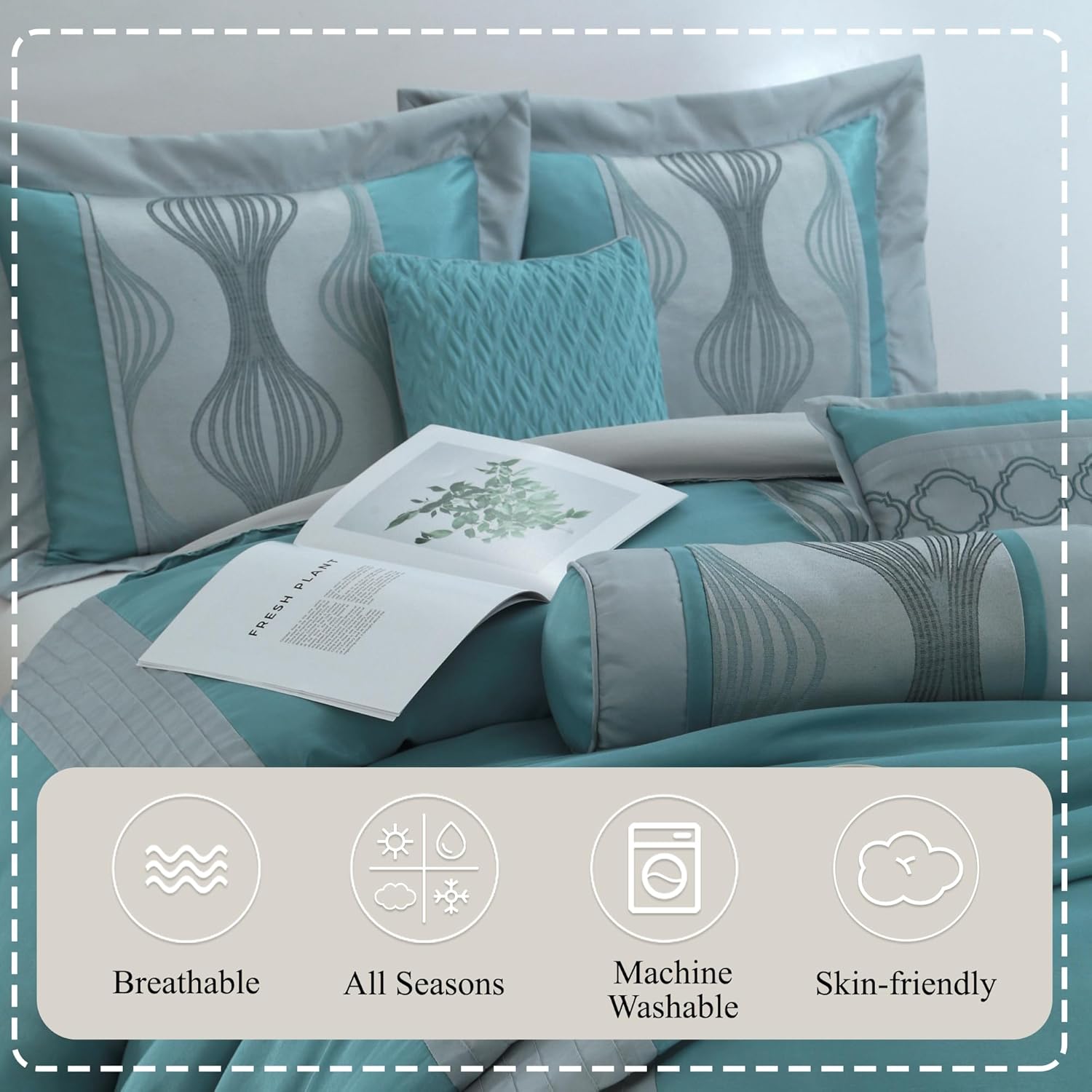 Stratford Park 7 Piece Blue Comforter Set, King Size Jacquard Bedding Set, All Season Geometric Patchwork Bedding Set, Matching Pillows, Shams, Bed Skirt