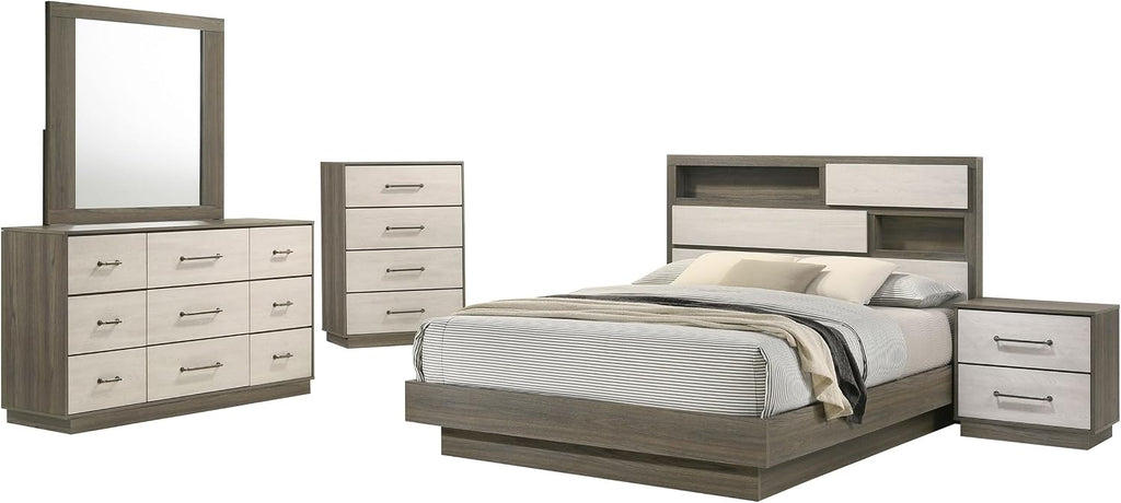 Coaster Home Furnishings Fenwick Contemporary 5-Piece Bedroom Set Eastern King Size Bookcase Bed Frame 48-inch Headboard Grey Oak/Almond 224981KE-S5