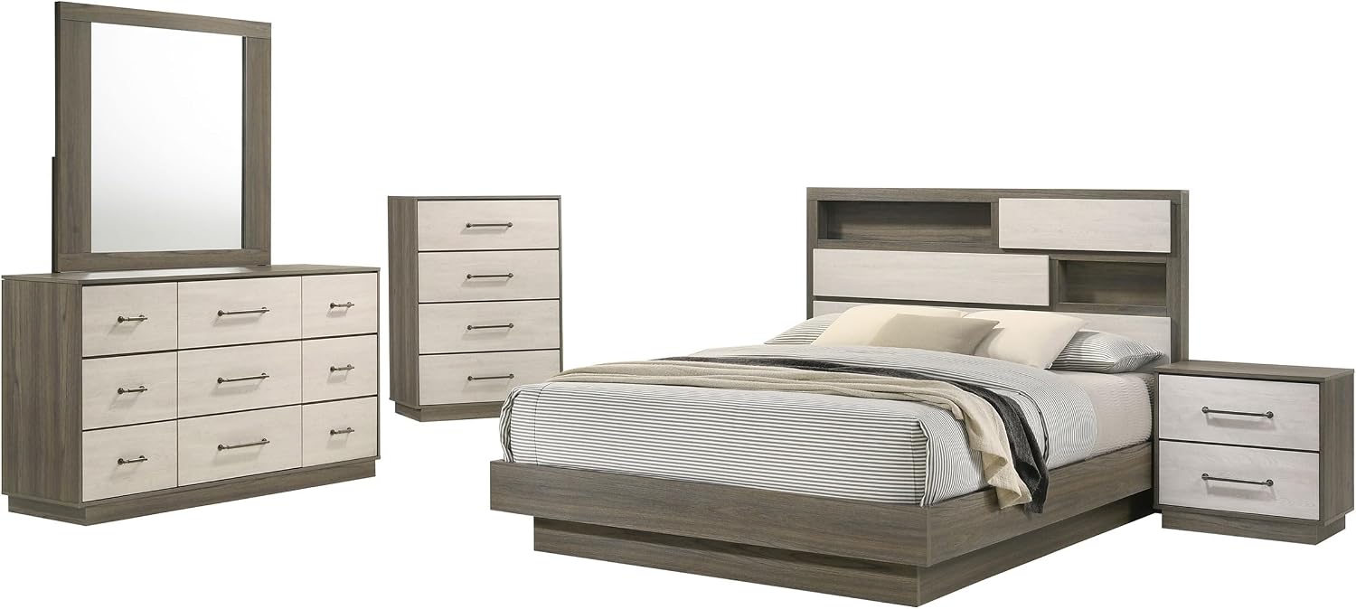 Coaster Home Furnishings Fenwick Contemporary 5-Piece Bedroom Set Eastern King Size Bookcase Bed Frame 48-inch Headboard Grey Oak/Almond 224981KE-S5