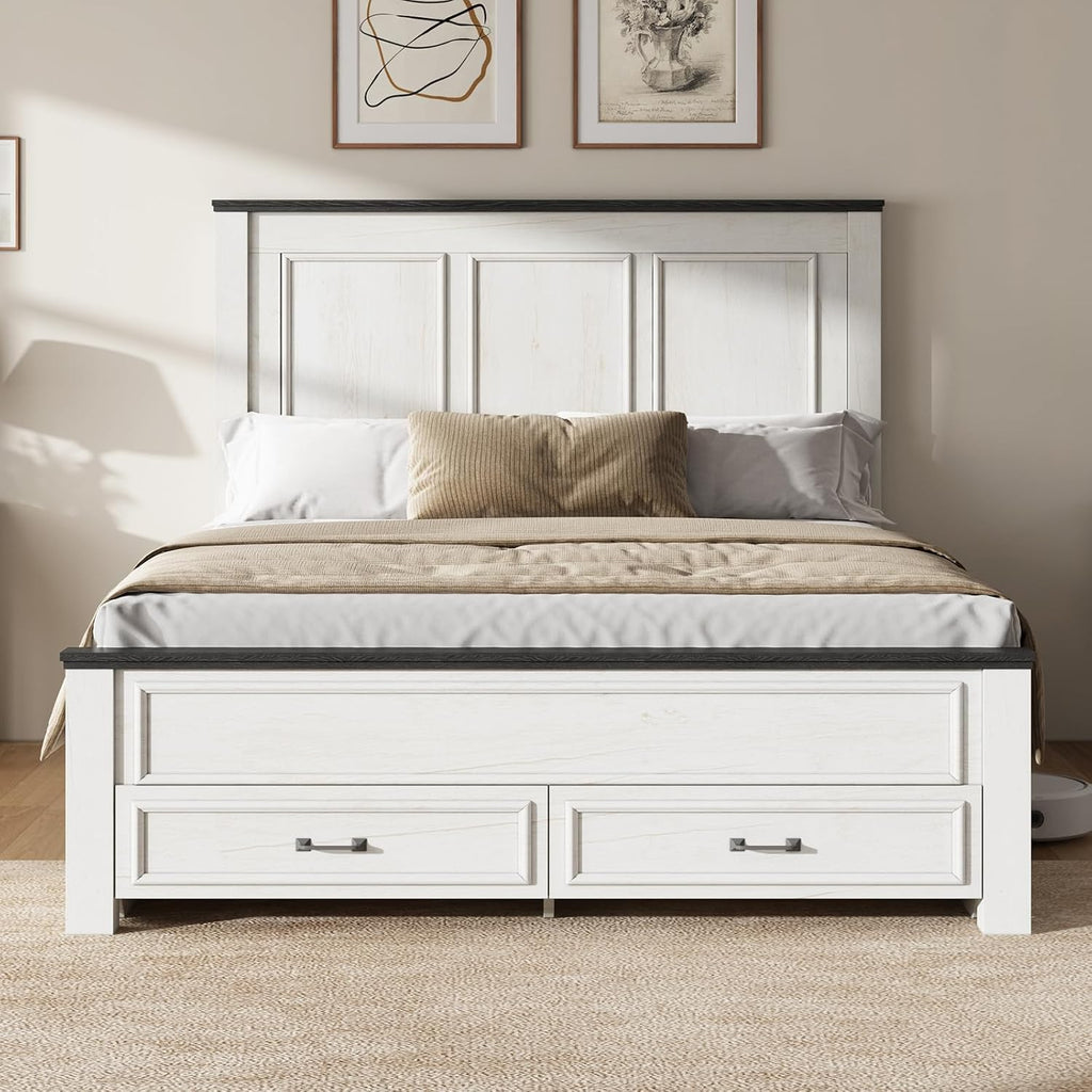 AMERLIFE Full Size Bed Frame with 52.2' Tall -Panel Headboard & Footboard, Farmhouse Wood Platform Bed Frame & 2 Large Storage Drawers, No Box Spring Needed, Noiseless, Rustic White