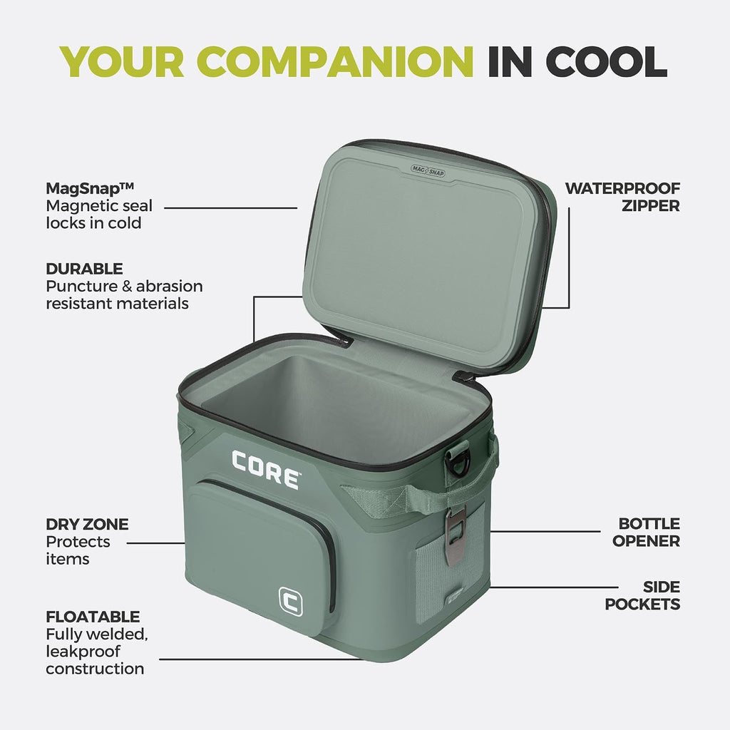 CORE Magnetic Leak Proof Soft Cooler with Waterproof Zipper | Insulated Bag Portable Ice Chest Box | Best Soft Cooler for Food & Beverages for Tailgating, Car Camping, Travel, and Family Beach Picnics