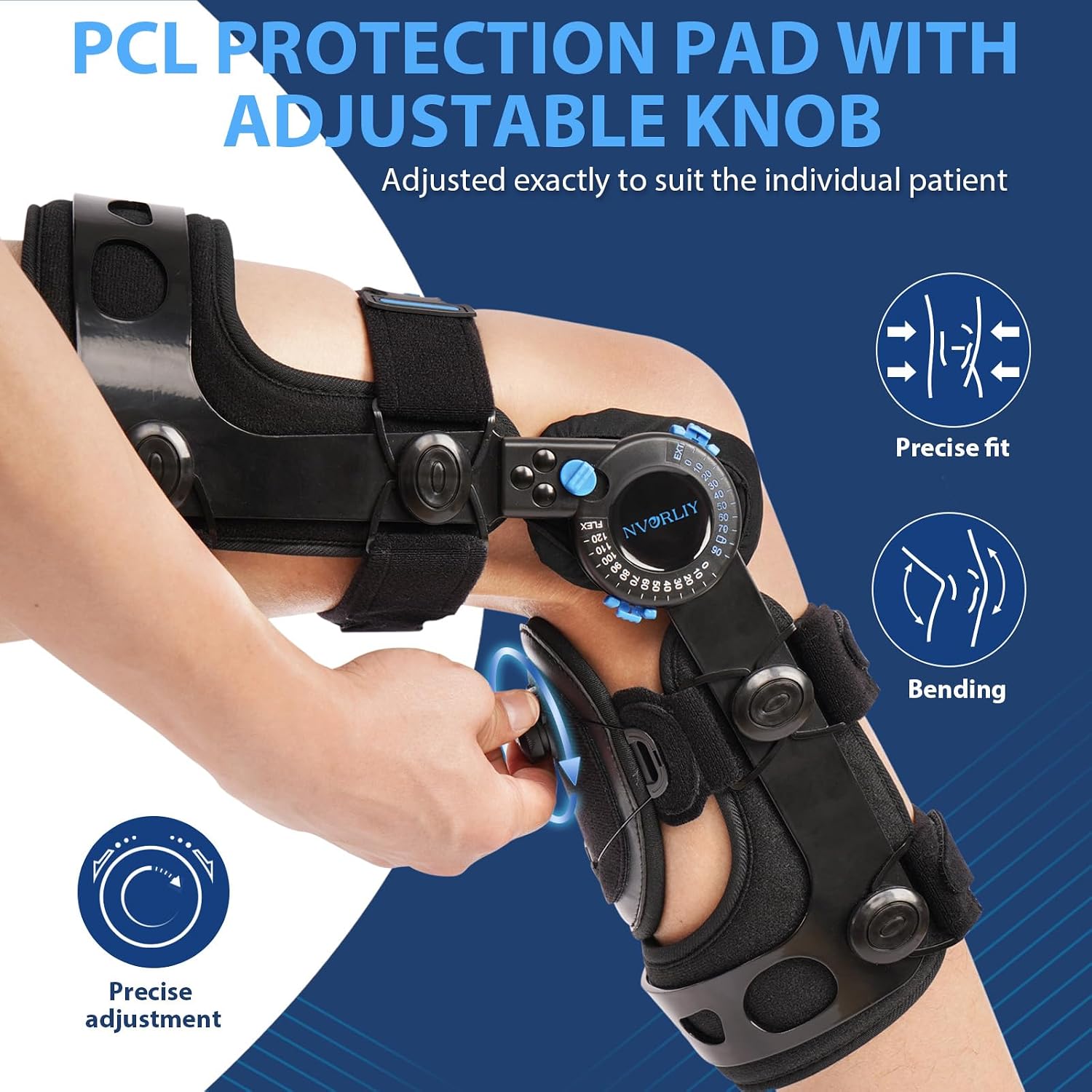 Nvorliy Knee Brace for Functional Posterior Cruciate Ligament (PCL) Recovery Stabilization, Adjustable Medical Post-Op Orthosis for Post-Surgery Support, Women and Men (Left, X-Large)