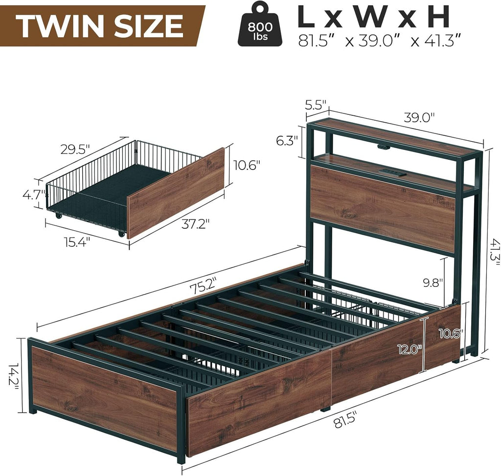 Rolanstar Twin Bed Frame with 4 Storage Drawers & 2-Tier Storage Headboard, Metal Platform Bed Frame with Charging Station & LED Lights, Noise-Free, No Box Spring Needed, Easy Assembly, Espresso