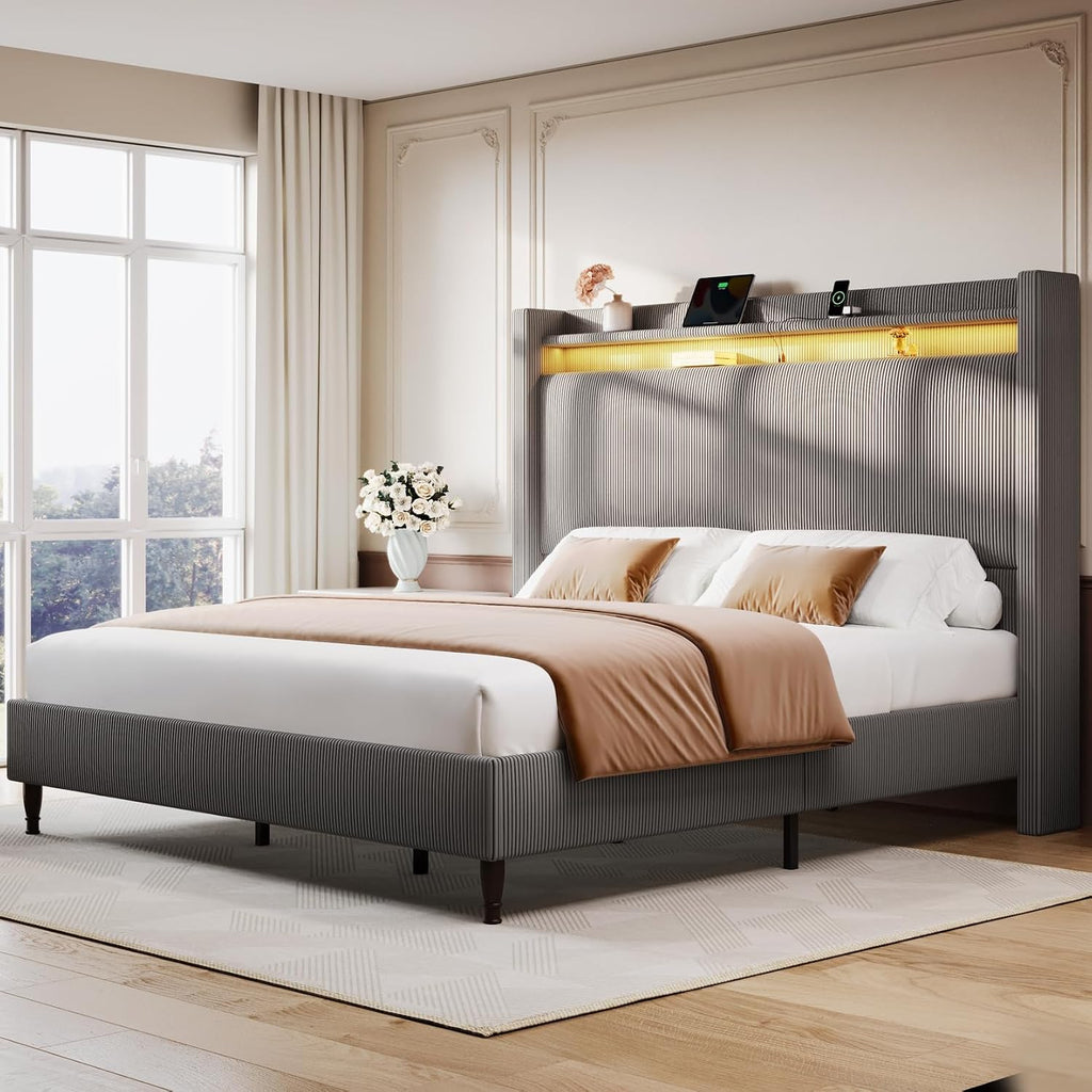 Queen Bed Frame with Tall Headboard, 55.3' Upholstered Platform Bed with LED Lights & Charging Station, Elegant Corduroy Bedframe, 2-tier Storage Wingback Headboard, No Box Spring Needed, Gray Brown