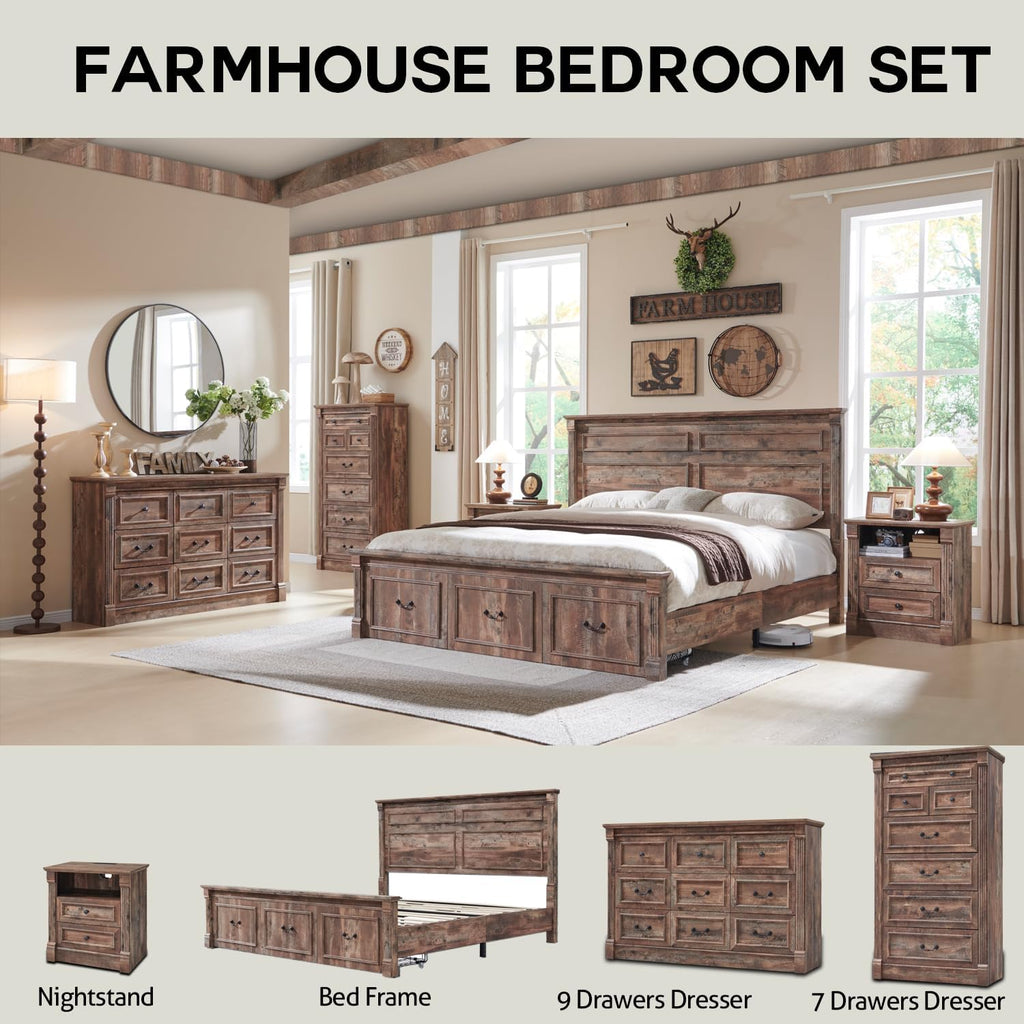 Aitjunz Farmhouse King Size Bed Frame with 51' Tall Headboard, Wood Platform Bed Frame with 20' Tall Roman Column Decoration Footboard & 3 Large Storage Drawers, No Box Spring Needed (Light Brown)