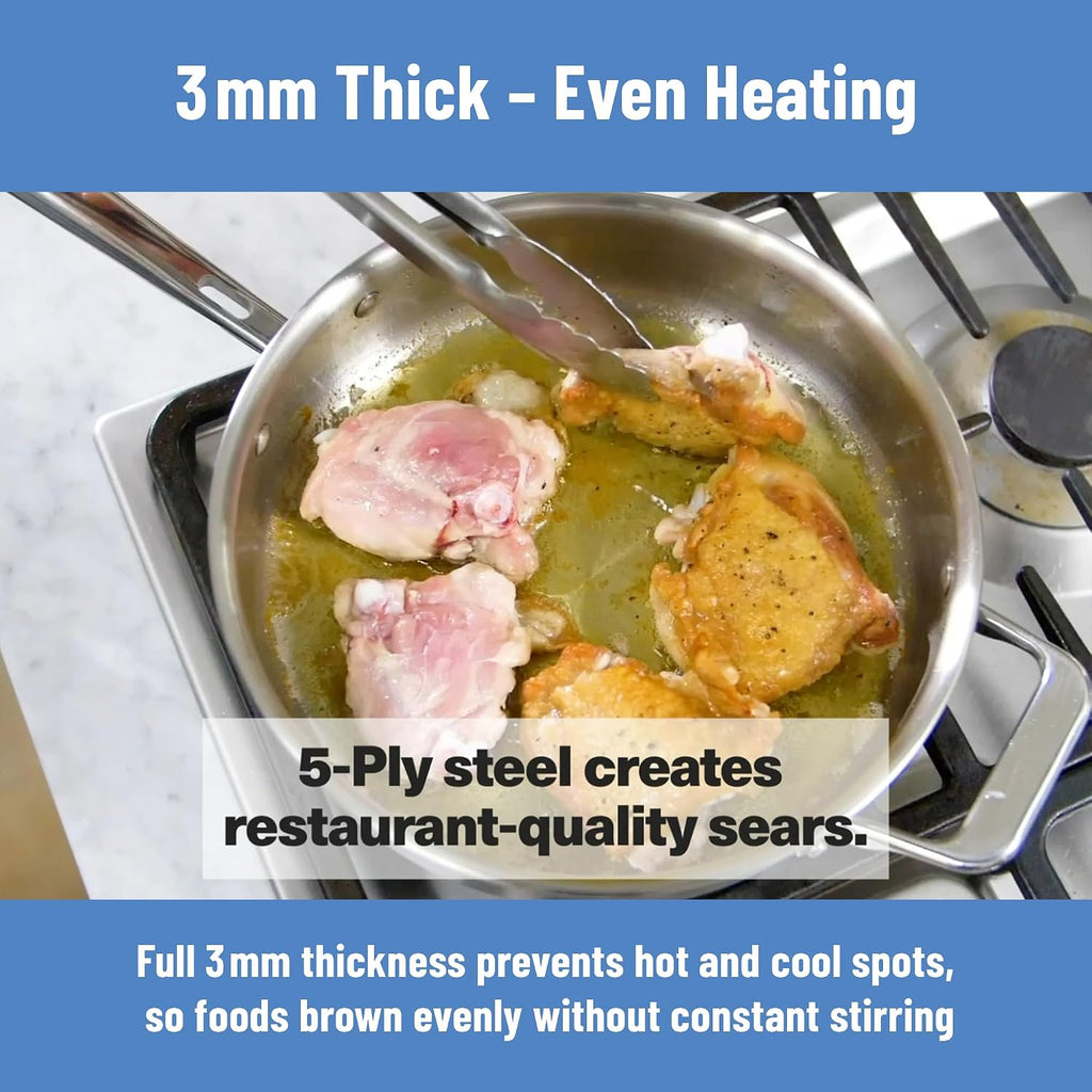 Misen 5-Ply Stainless Steel Sauté Pan with Lid - Versatile, Durable, Dishwasher and Oven Safe - Even Heating, Ergonoic Stay-Cool Handle - For Searing, Braising, and More - 3 QT