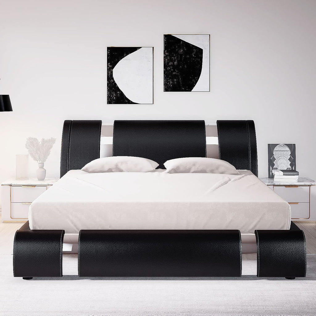 Allewie King Size Bed Frame with Iron Piece Decor, Faux Leather Upholstered Platform Bed with Curved Adjustable Headboard, Wooden Slats Support, No Box Spring Needed, Modern Black