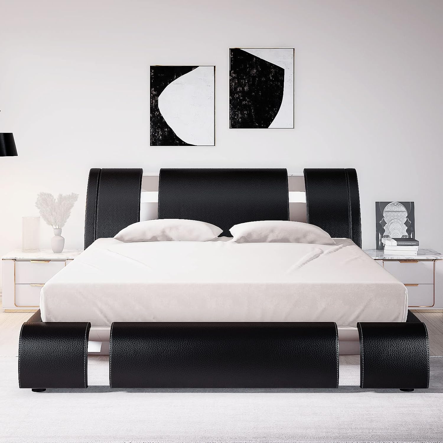 Allewie King Size Bed Frame with Iron Piece Decor, Faux Leather Upholstered Platform Bed with Curved Adjustable Headboard, Wooden Slats Support, No Box Spring Needed, Modern Black