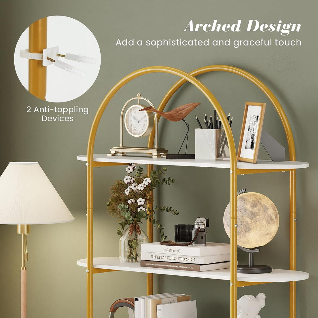Giantex Arched Bookshelf Set of 2, 4-Tier Modern Open Bookcase with Sturdy Metal Frame, Freestanding Display Storage Organizer for Living Room, Home Office and Bedroom, Gold & White