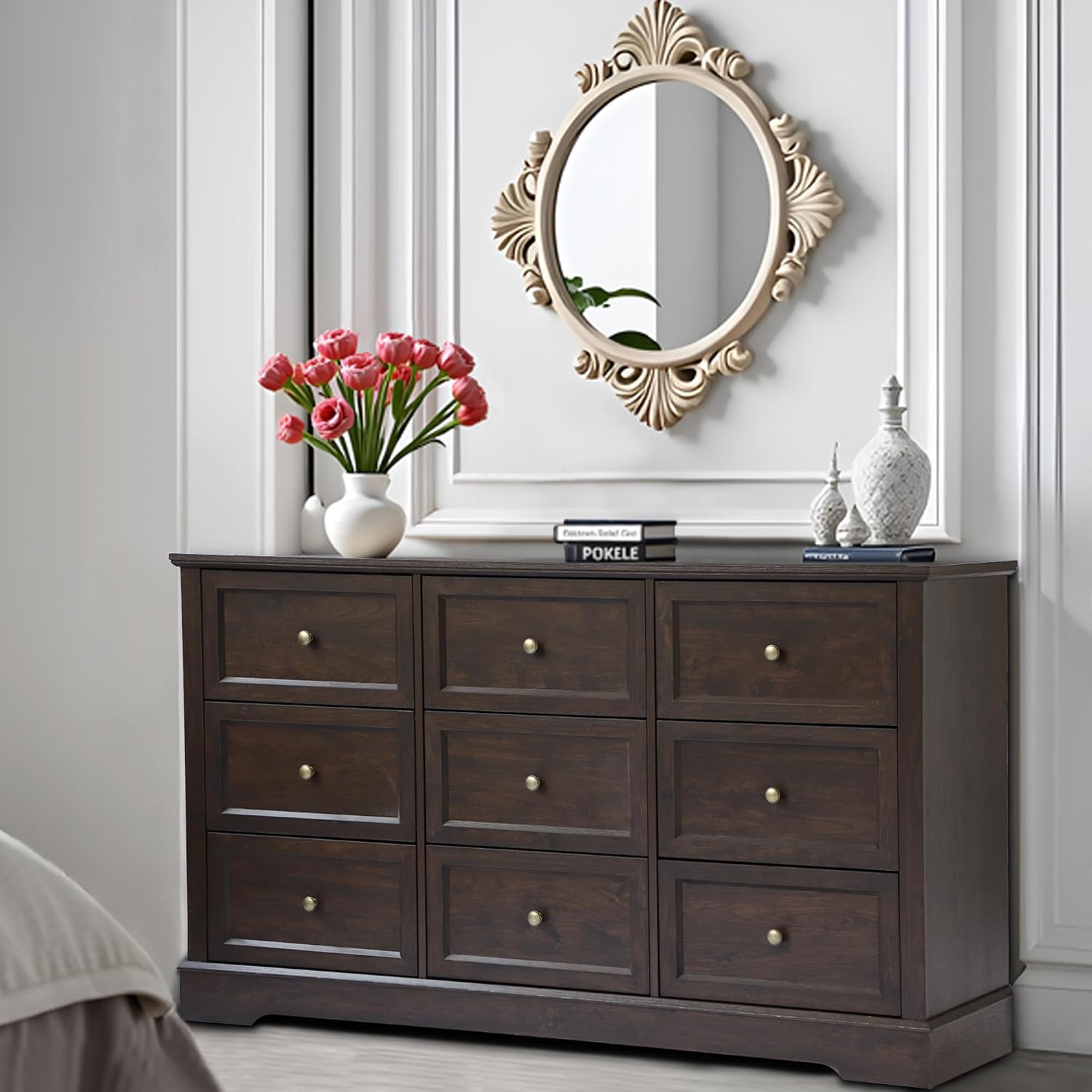 LOUVIXA Bedroom Sets, Include 9 Drawer Dresser, and Nightstand Set of 2 with Charging Station (Brown Sets, 3 Pieces)