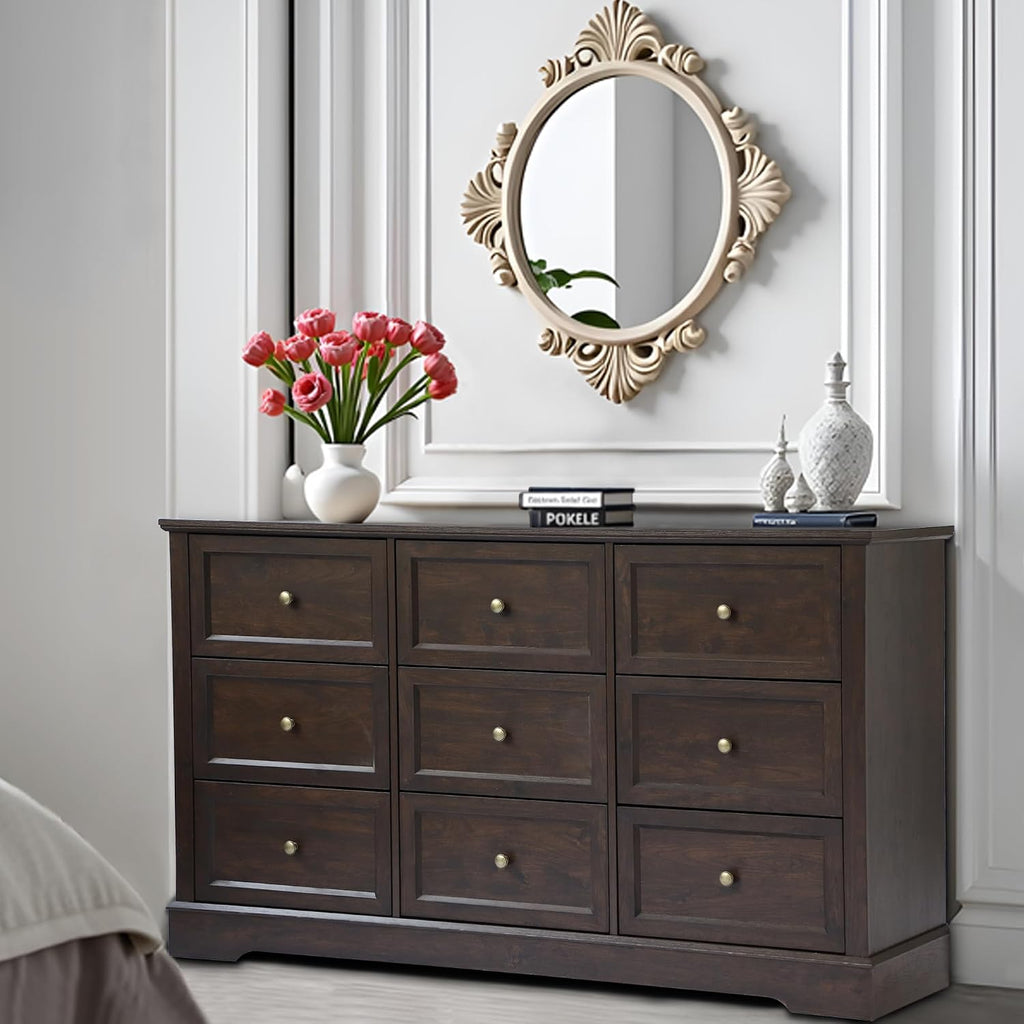 LOUVIXA Farmhouse Bedroom Sets of 4, 4Pcs Farmhouse Dresser Set，Including 9 Drawer Dresser, 5 Drawer Dressers and Nightstand Set of 2 with Charging Station (Brown Sets, 4 Pieces)