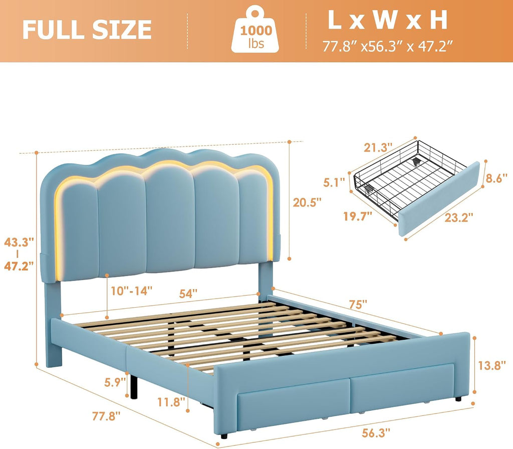 Full Upholstered LED Bed Frame with 2 Storage Drawers and Adjustable Chic Double Wavy Headboard, Velvet Princess Platform Bed with Charing Station, Solid Wood Slats Support,No Box Spring Needed,Blue