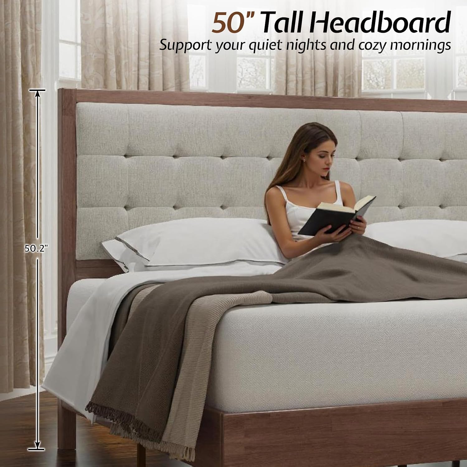 Jocisland Solid Wood Queen Size Bed Frame 50.2' Tall Upholstered Headboard, Mid-Century Style, Stable Platform Support, No Box Spring Needed, Walnut
