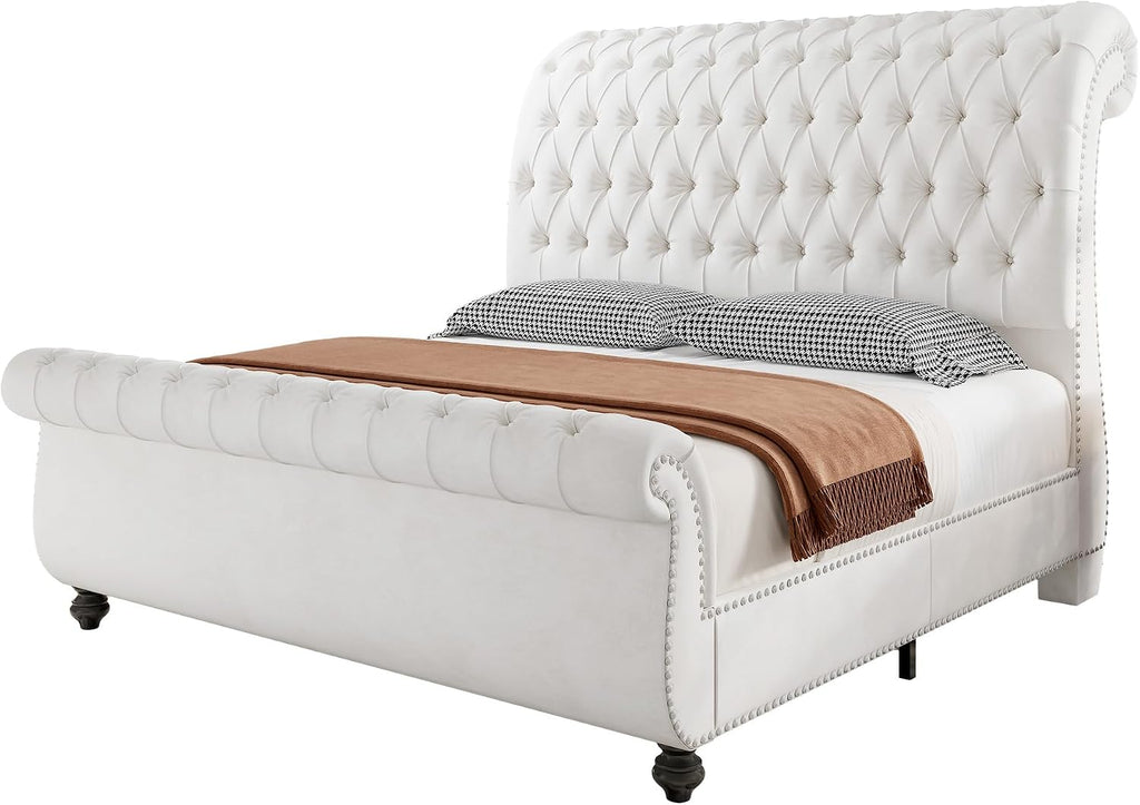AMERLIFE 55' Tall Sleigh Bed Frame with Scroll Headboard & Footboard, Velvet Upholstered Platform Bed with Deep Button Tufted, Solid Wood Legs, No Box Spring Needed, White, King