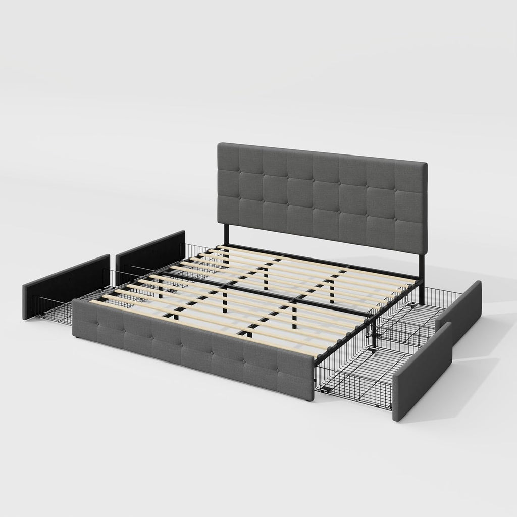 Allewie Upholstered King Size Platform Bed Frame with 4 Storage Drawers and Headboard, Square Stitched Button Tufted, Mattress Foundation with Wooden Slats Support, No Box Spring Needed, Light Grey