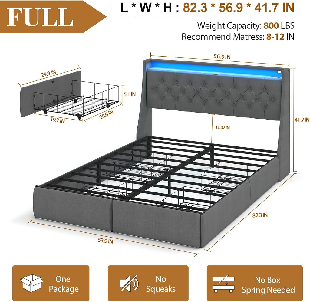 Doltoro Full Bed Frame with Storage Headboard and 4 Drawers, Upholstered Platform Bed Frame with Charging Station & LED Lights, Noise-Free, No Box Spring Needed, Easy Assembly, Gray