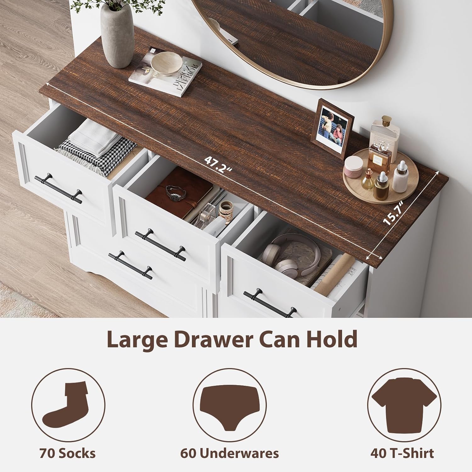 Bedroom Set, 3 Pieces Bedroom Furniture Set, Wood 7 Drawer Dresser and Nightstands with Charging Station, Farmhouse Storage Organizer Cabinet for Bedroom, White