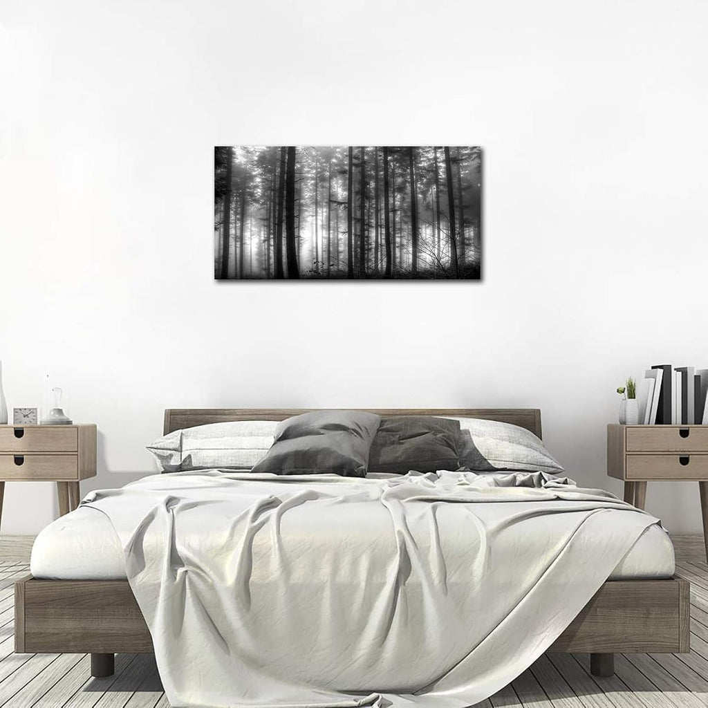 Foggy Forest Wall Art Living Room Wall Decor Black and White Woods Large Canvas Picture Modern Landscape Artwork Big Trees Contemporary Nature Pictures for Living Room Bedroom Home Office Kitchen Wall Decor 29' x 58'