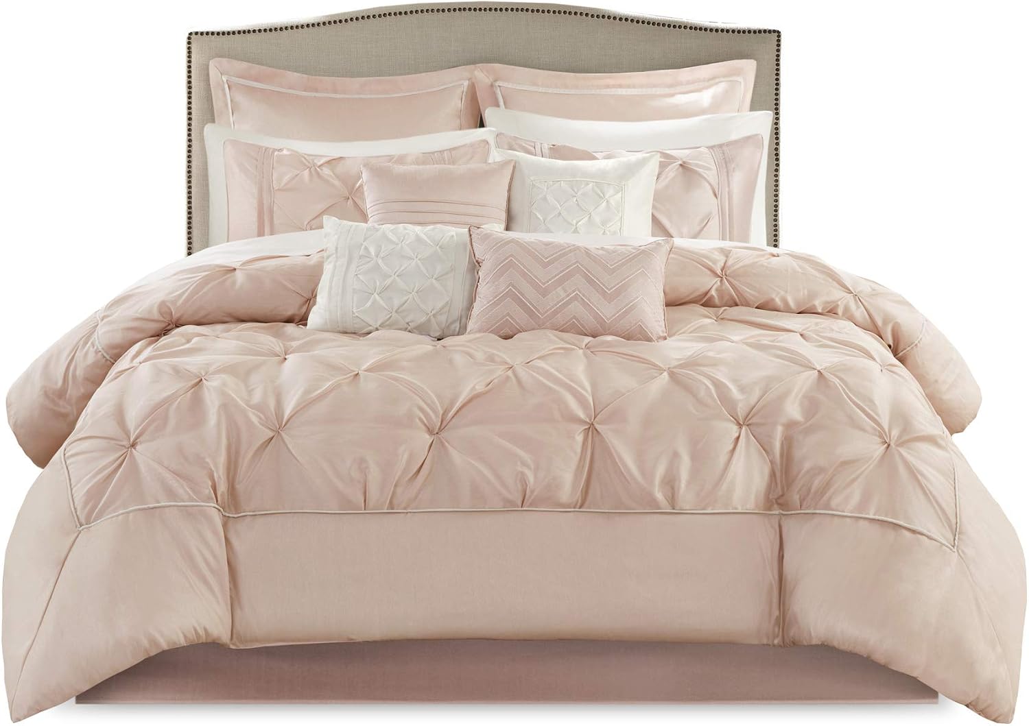 Madison Park Essentials Room in a Bag Faux Silk Comforter Set-Luxe Diamond Tufting All Season Bedding, Matching Curtains, Decorative Pillows, Queen(90'x90'), Blush 24 Piece (MPE10-809)