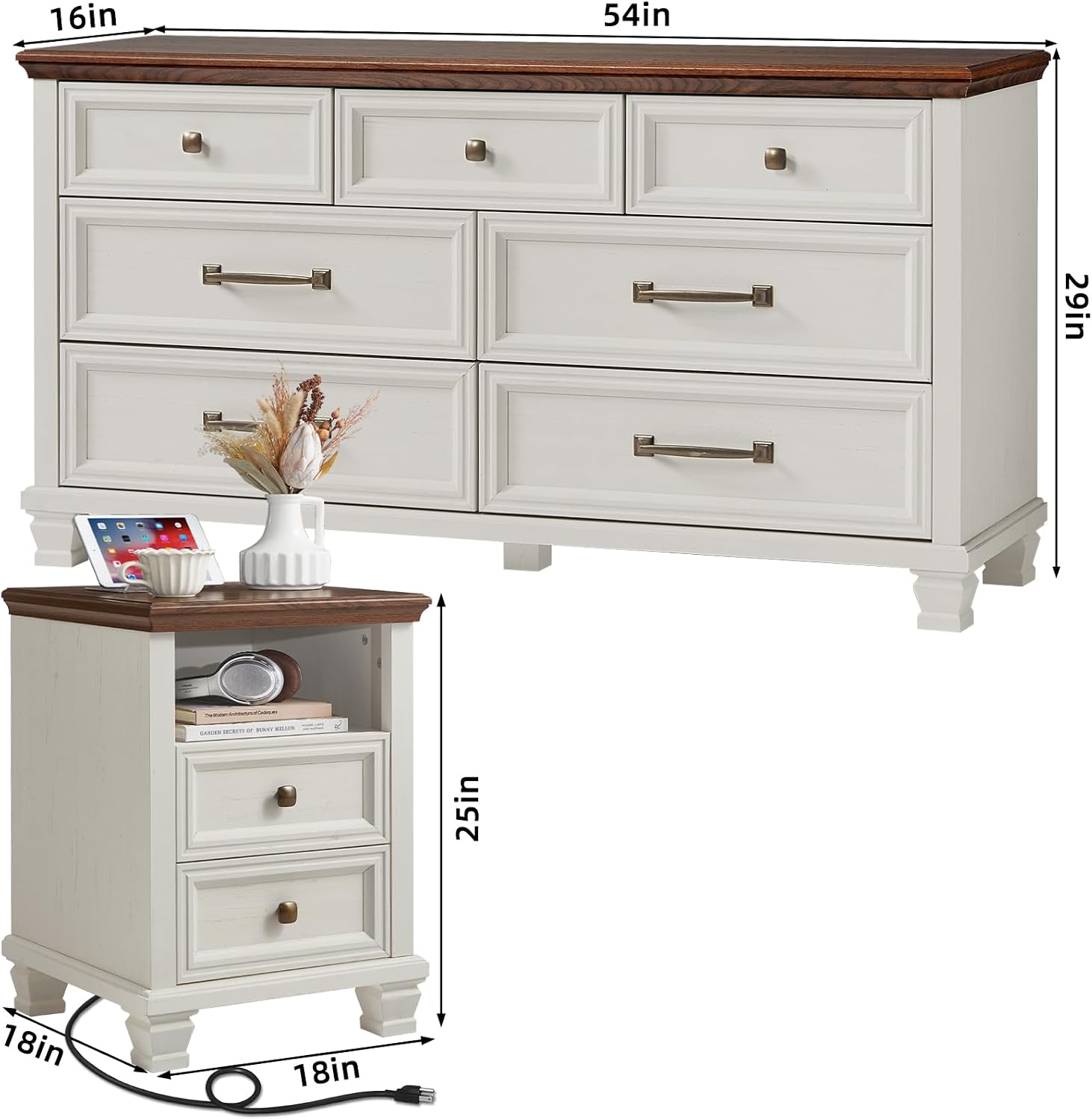 SAVOR LIFE Farmhouse Dresser and Nightstand Sets 3 Piece, 7 Drawer Dresser & 2 Drawer Nightstand Set, Rustic Wood Bedroom Furniture Set for Home, White