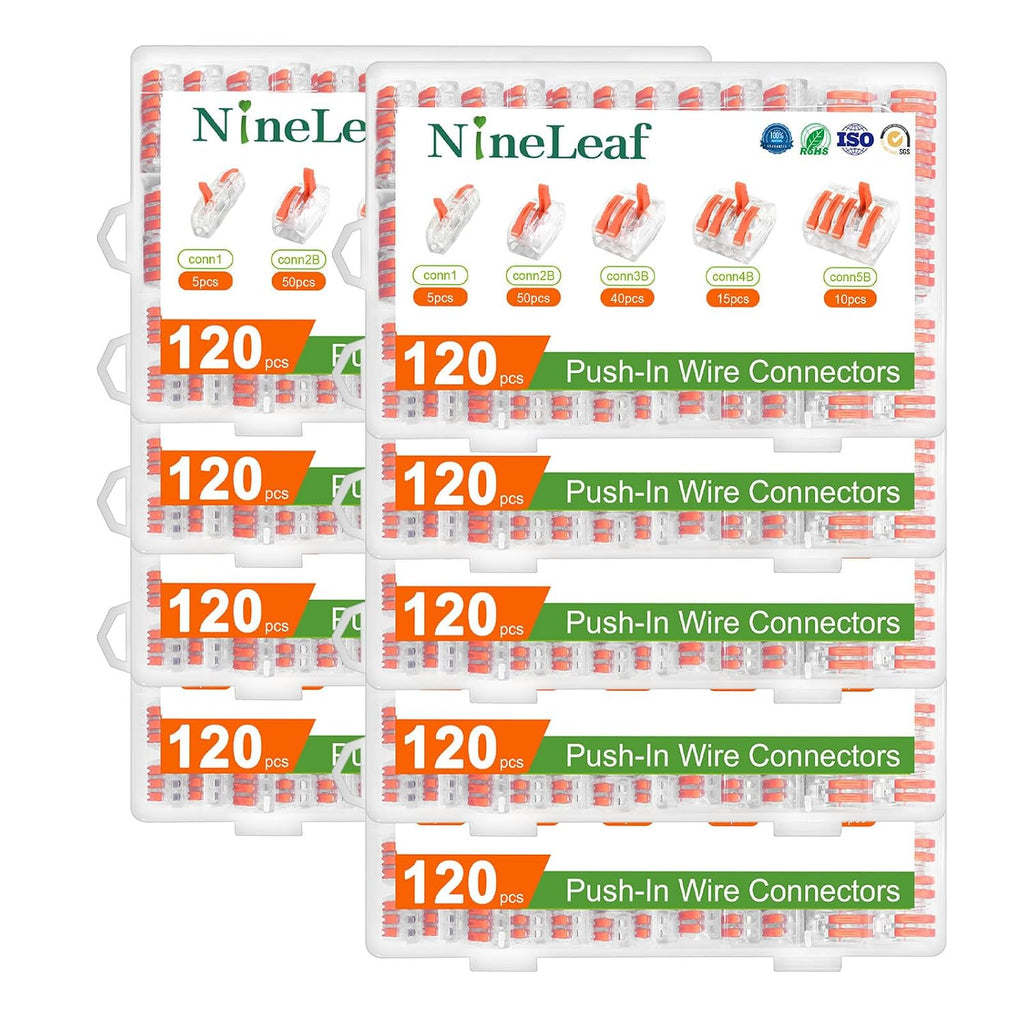 NineLeaf 120 Pcs Lever Wire Connectors Kit, 1/2/3/4/5 Port Combination, Push-in Electrical Wire Nuts AWG 28–12, Reusable Transparent Quick Connectors with Voltage Test Hole,9Set