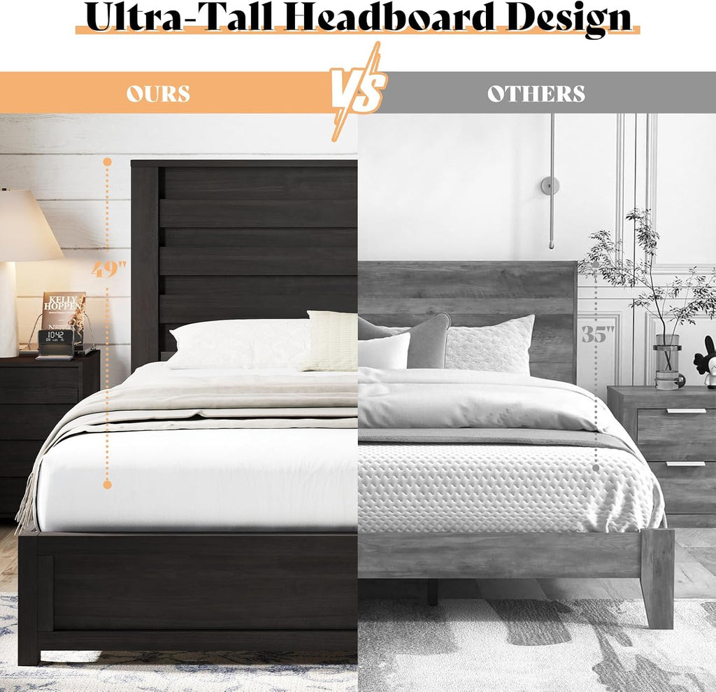 AMERLIFE Farmhouse Full Size Bed Frame with 49' Fluted Headboard, Wood Platform Bed with Natural Grain, No Box Spring Needed/Noise Free, Black