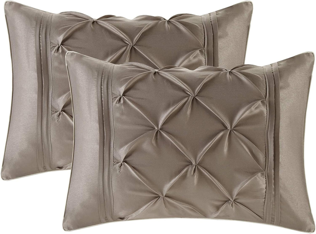 Madison Park Essentials Room in a Bag Faux Silk Comforter Set - Luxe Diamond Tufting All Season Bedding, Matching Curtains, Decorative Pillows, Taupe King(104'x92') 24 Piece