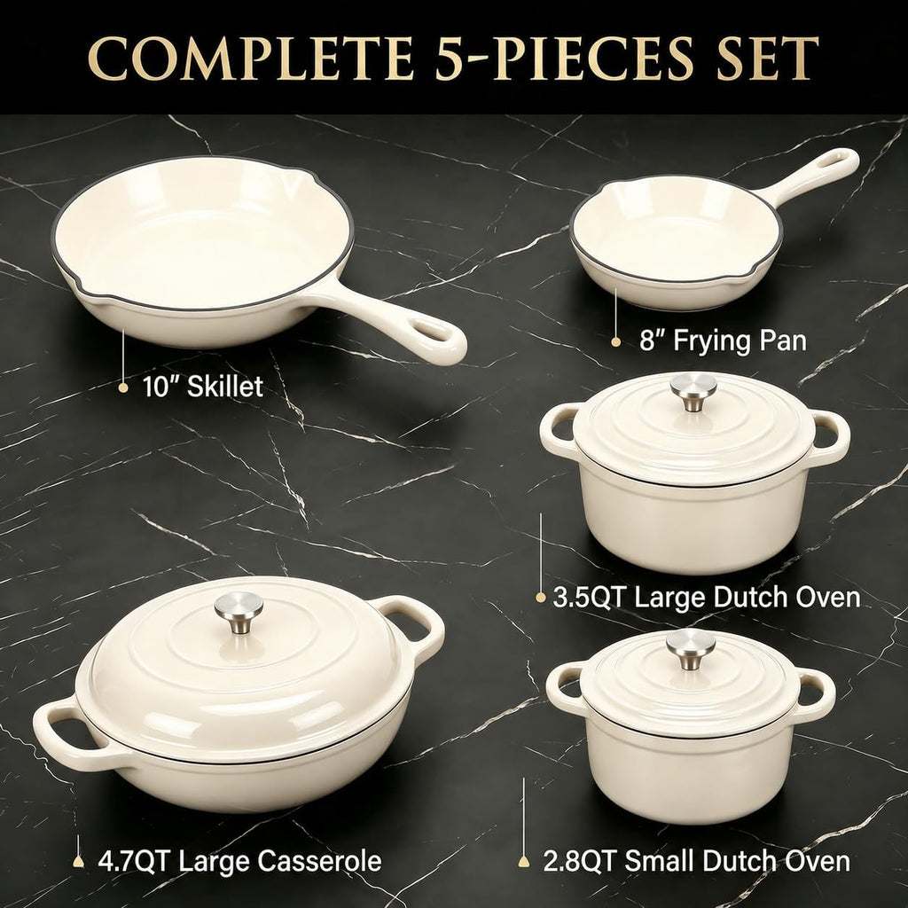Nonstick Enameled Cast Iron Cookware Set - 8 Piece Pots and Pans with Lid, Frying Pan, Skillet, Dutch Oven Set for All Stovetops, Ideal for Sourdough Bread Baking, Comes with Organizer, Cream White
