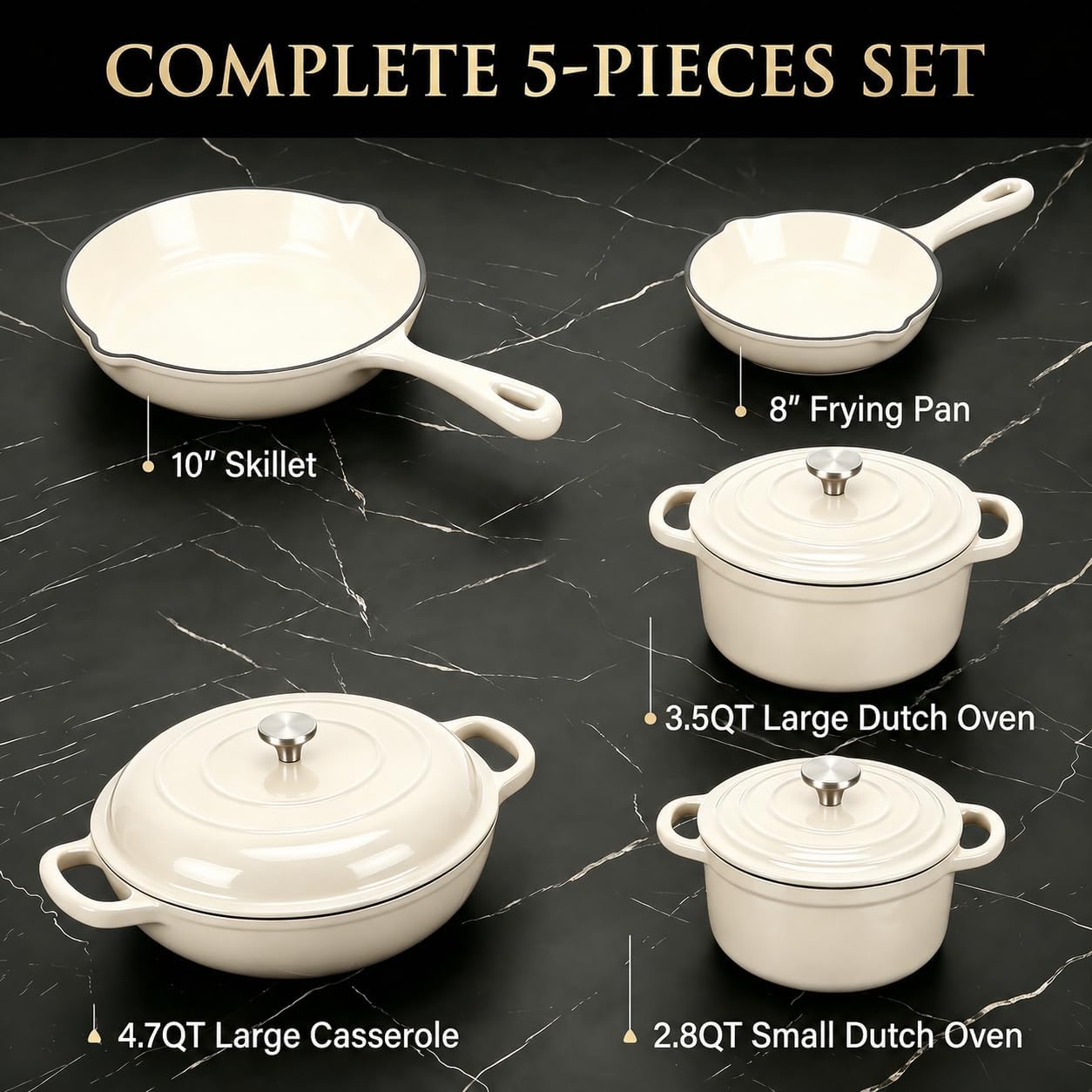 Nonstick Enameled Cast Iron Cookware Set - 8 Piece Pots and Pans with Lid, Frying Pan, Skillet, Dutch Oven Set for All Stovetops, Ideal for Sourdough Bread Baking, Comes with Organizer, Cream White
