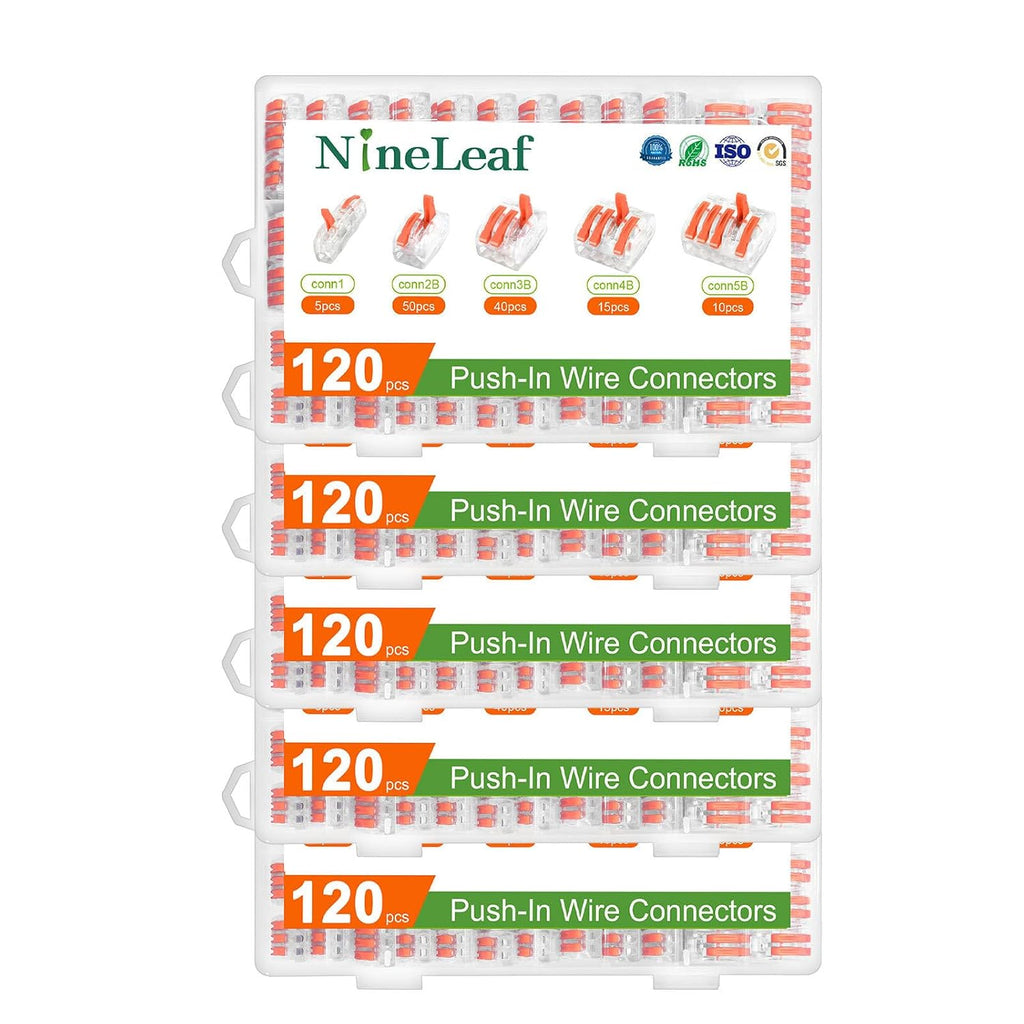NineLeaf 120 Pcs Lever Wire Connectors Kit, 1/2/3/4/5 Port Combination, Push-in Electrical Wire Nuts AWG 28–12, Reusable Transparent Quick Connectors with Voltage Test Hole,5Set
