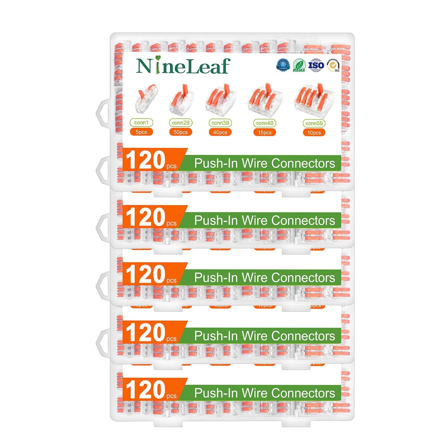 NineLeaf 120 Pcs Lever Wire Connectors Kit, 1/2/3/4/5 Port Combination, Push-in Electrical Wire Nuts AWG 28–12, Reusable Transparent Quick Connectors with Voltage Test Hole,5Set