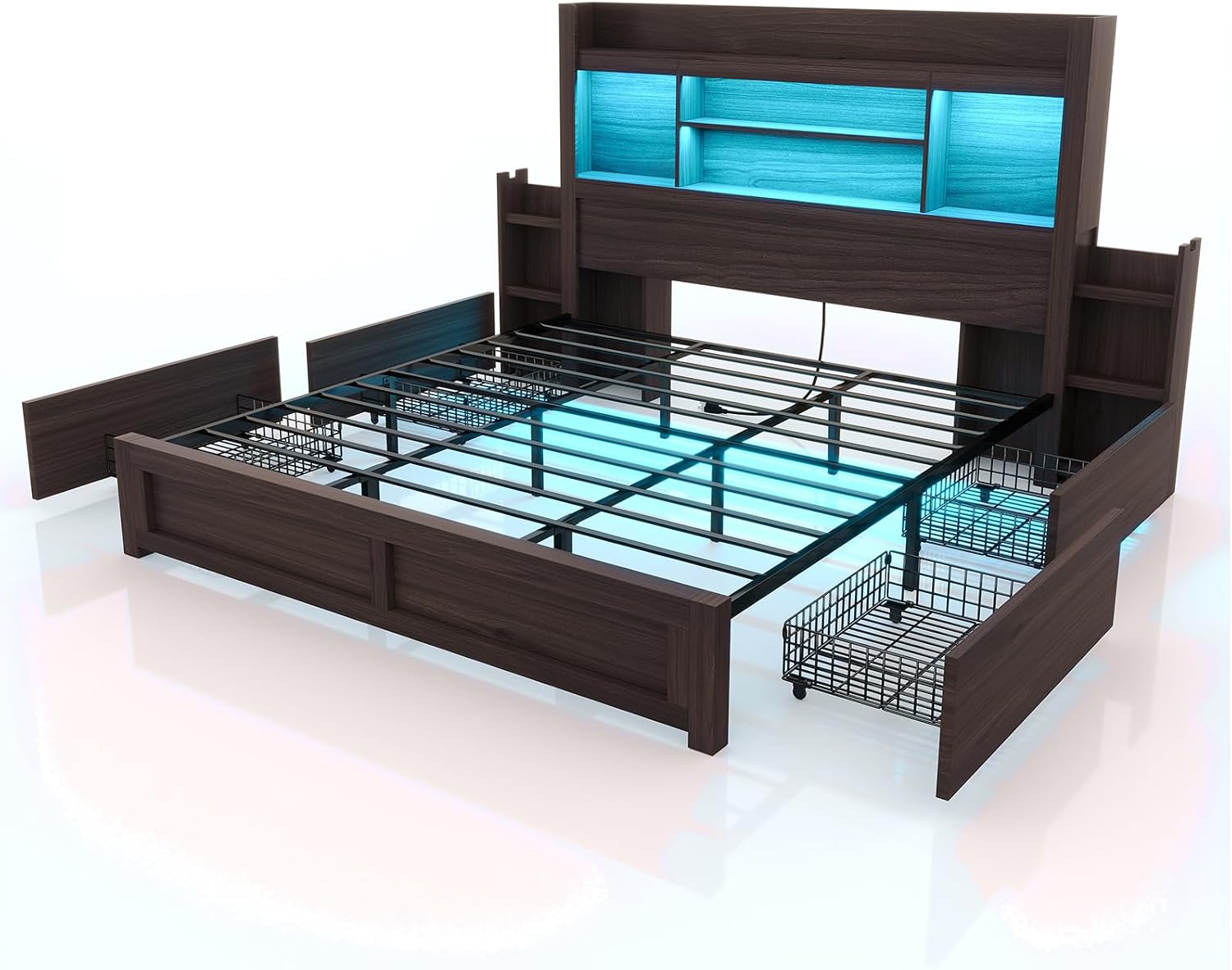 LUXOAK King Bed Frame with 49.6' Bookcase Headboard & 2 Bedside Stoage Racks & 4 Drawers, Farmhouse Wood Bed Frame with RGB LED & Charging Station, No Box Spring Needed, Black