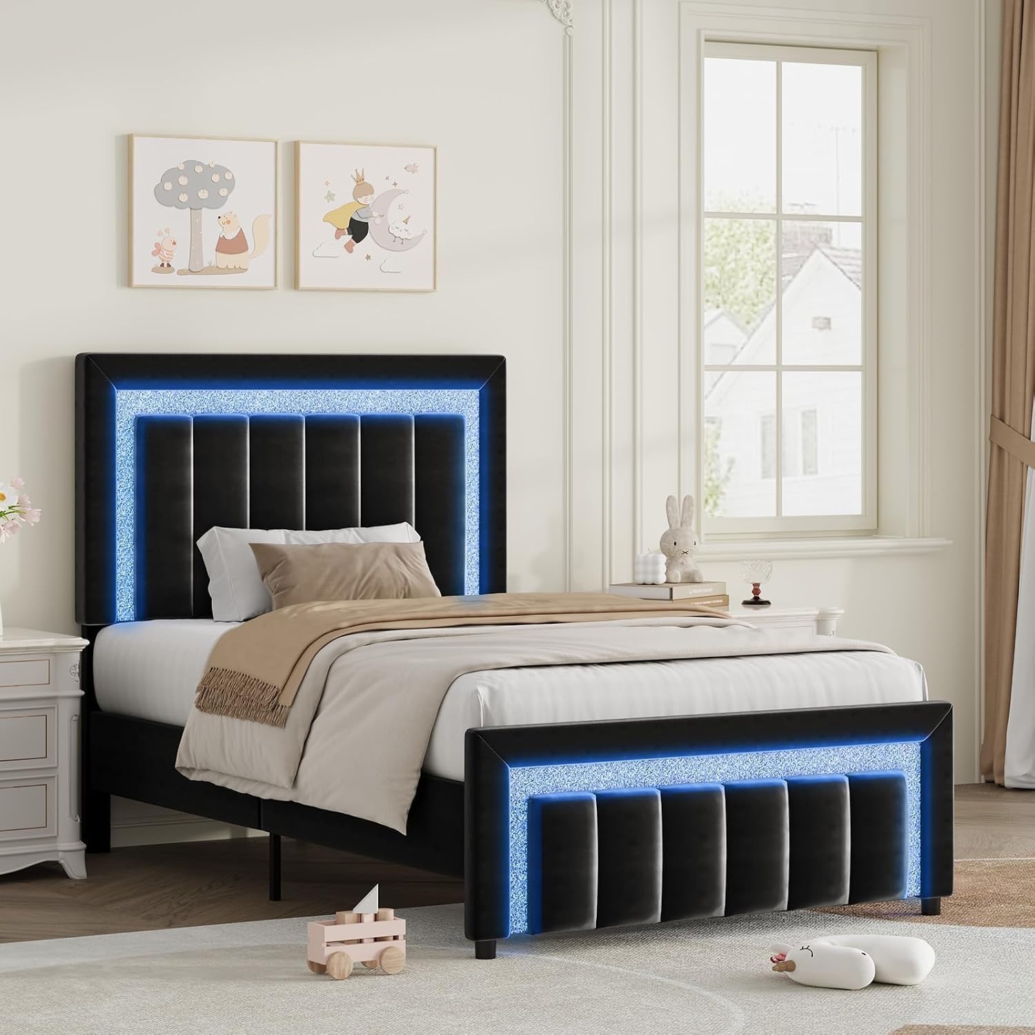 HOMBCK Twin Bed Frame with LED Lights and Velvet Upholstered Adjustable Headboard, Twin Size Bed Frames with Diamond Headboard & Footboard, Wood Slats Support, Noise Free, No Box Spring Needed, Black