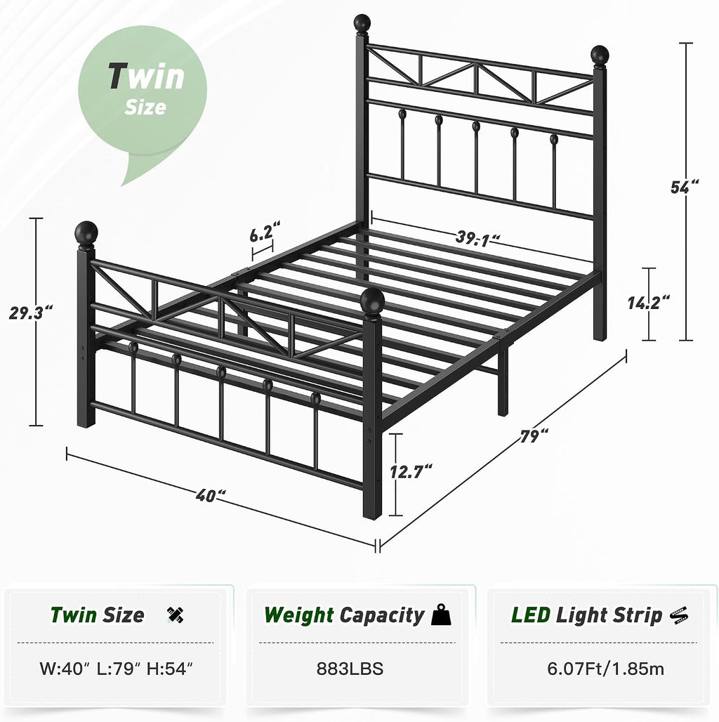 EnHomee 14.2' Metal Twin Bed Frames with Tall Headboard & Footboard, LED Light Twin Bed Frame, Strong Metal Slats Support and Noise-Free Design with Under Bed Storage/No Box Spring Needed/Black