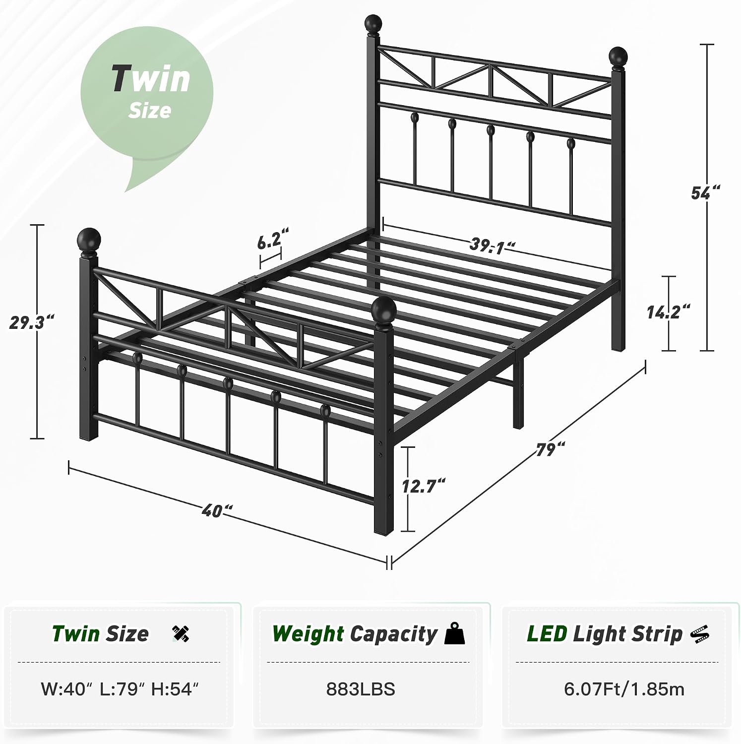 EnHomee 14.2' Metal Twin Bed Frames with Tall Headboard & Footboard, LED Light Twin Bed Frame, Strong Metal Slats Support and Noise-Free Design with Under Bed Storage/No Box Spring Needed/Black