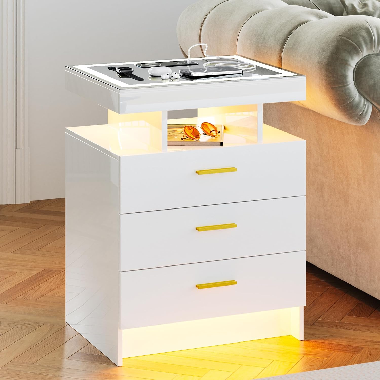 Lvifur 2 Set Nightstands with Wireless Charging Station, Auto Sensor 3 Color Dimmable LED Night Stand, Modern Bedside Table with 3 Drawers & 3 Open Compartments (White)