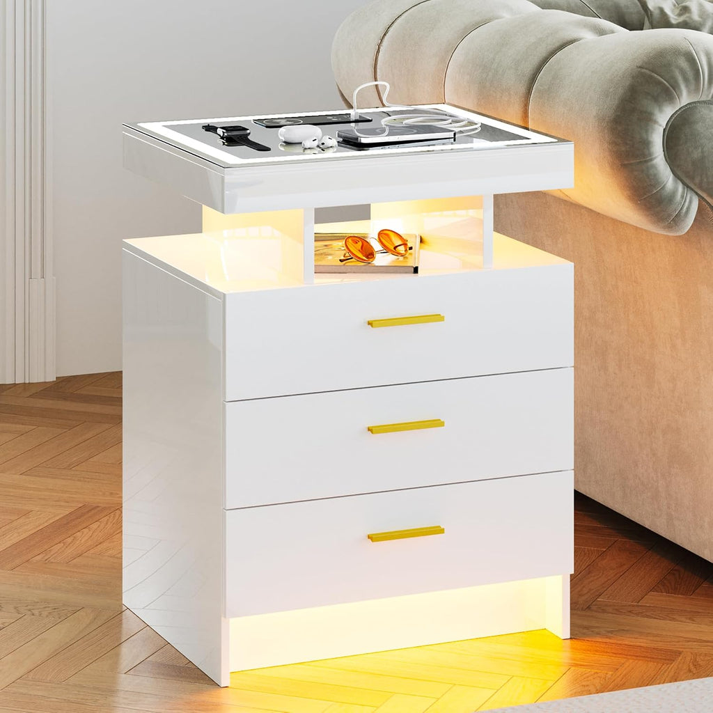 Lvifur LED Nightstand with Wireless Charging Station, Auto Sensor 3 Color Dimmable Night Stand, Modern Bedside Table with 3 Drawers & 3 Open Compartments for Bedroom, White