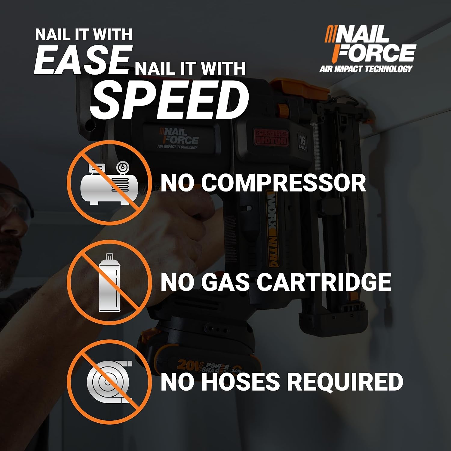 Worx Nitro 20V 16GA Finish Nailer Cordless 70 Nails/Min Sinks Up to 2-1/2', Compact Cordless Nail Gun w/Tool-Free Jam Release, Brushless Nail Gun Battery Powered WX841L – Battery & Charger Included