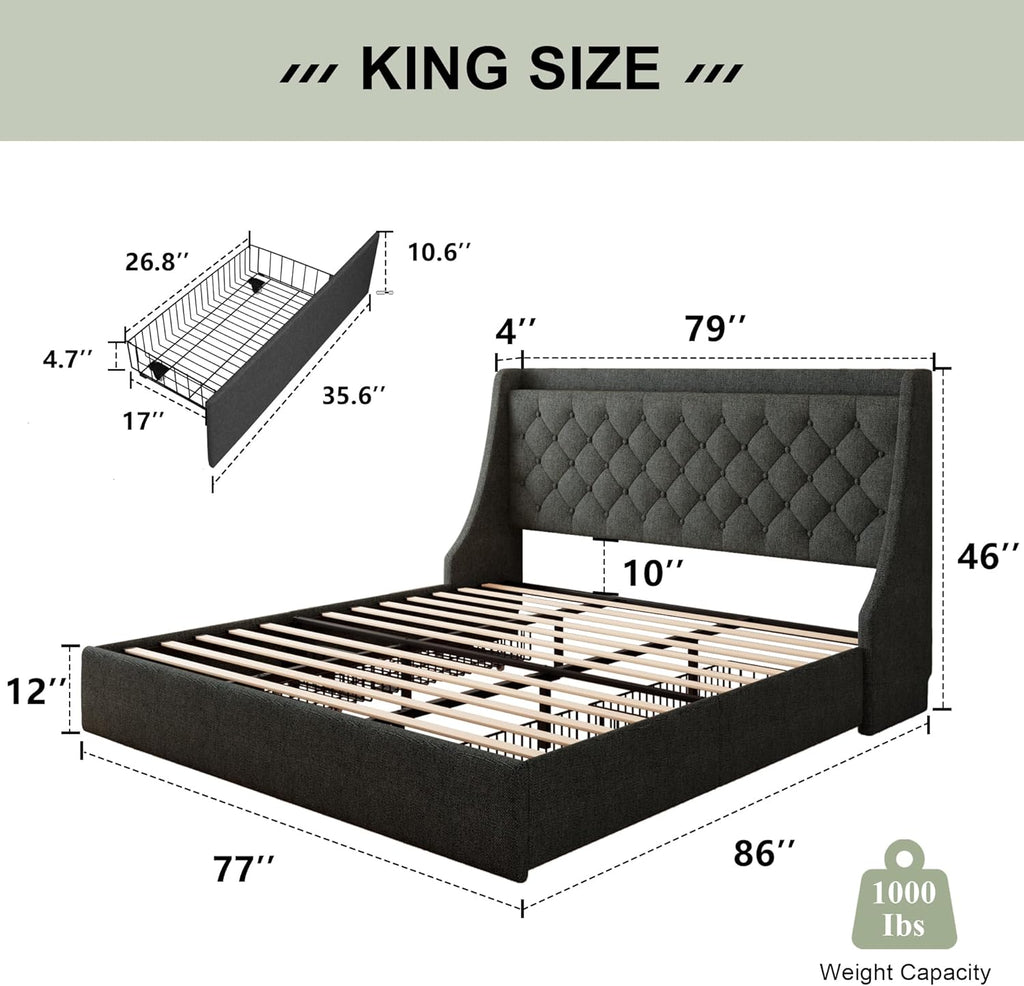 Feonase King Size Bed Frame with 4 Storage Drawers, Upholstered Storage Bed with Charging Station, Tufted Wingback Headboard, No Box Spring Needed, Dark Grey