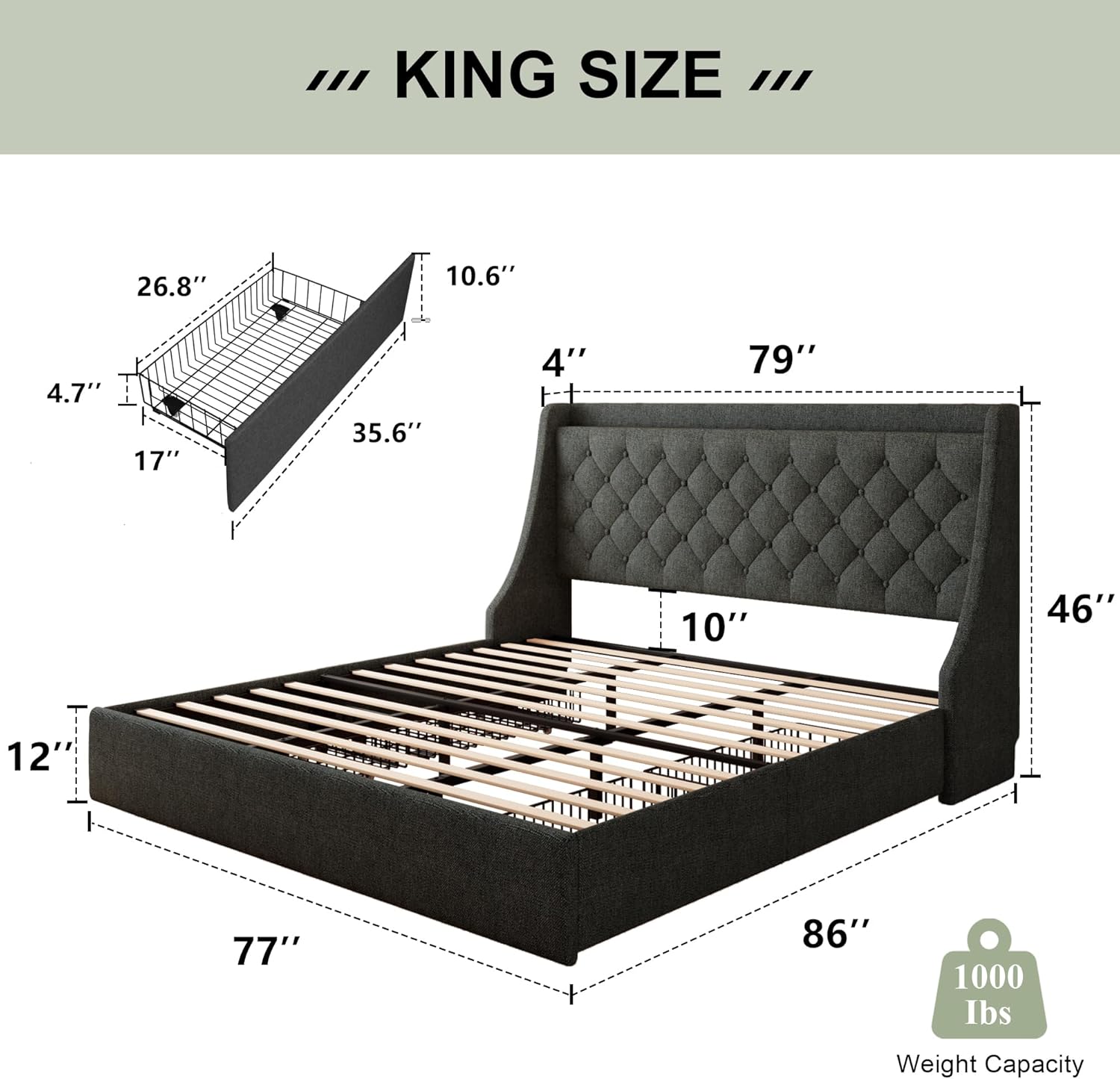 Feonase King Size Bed Frame with 4 Storage Drawers, Upholstered Storage Bed with Charging Station, Tufted Wingback Headboard, No Box Spring Needed, Dark Grey