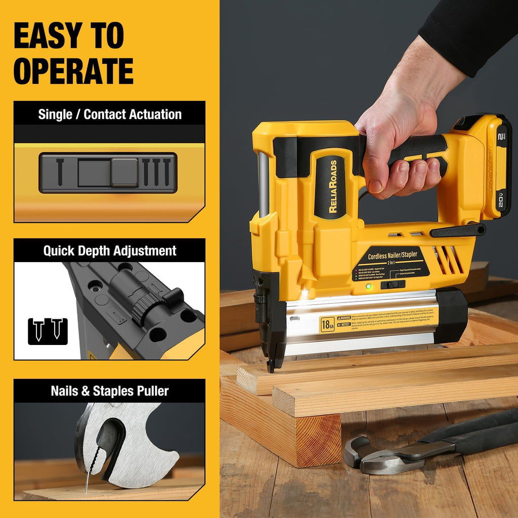 ReliaRoads 2' Cordless Brad Nailer, 18GA 2-in-1 Staple Nail Gun Battery Powered Compatible with DeWalt 20V MAX Battery, Electric Nail Gun Stapler with Nails Puller, 1600 Nails (Battery Not Included)