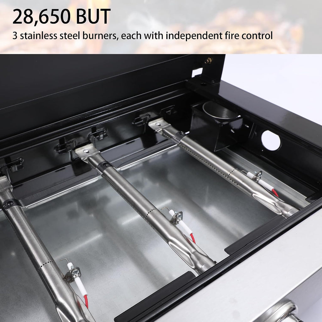 3-Burner Flat Top Grill, 28650 BTU Portable Propane Gas Griddle with Cast Iron Grill Net and Stainless Steel Baking Tray, Tabletop Gas Griddle for Camping, Tailgating, Outdoor BBQ